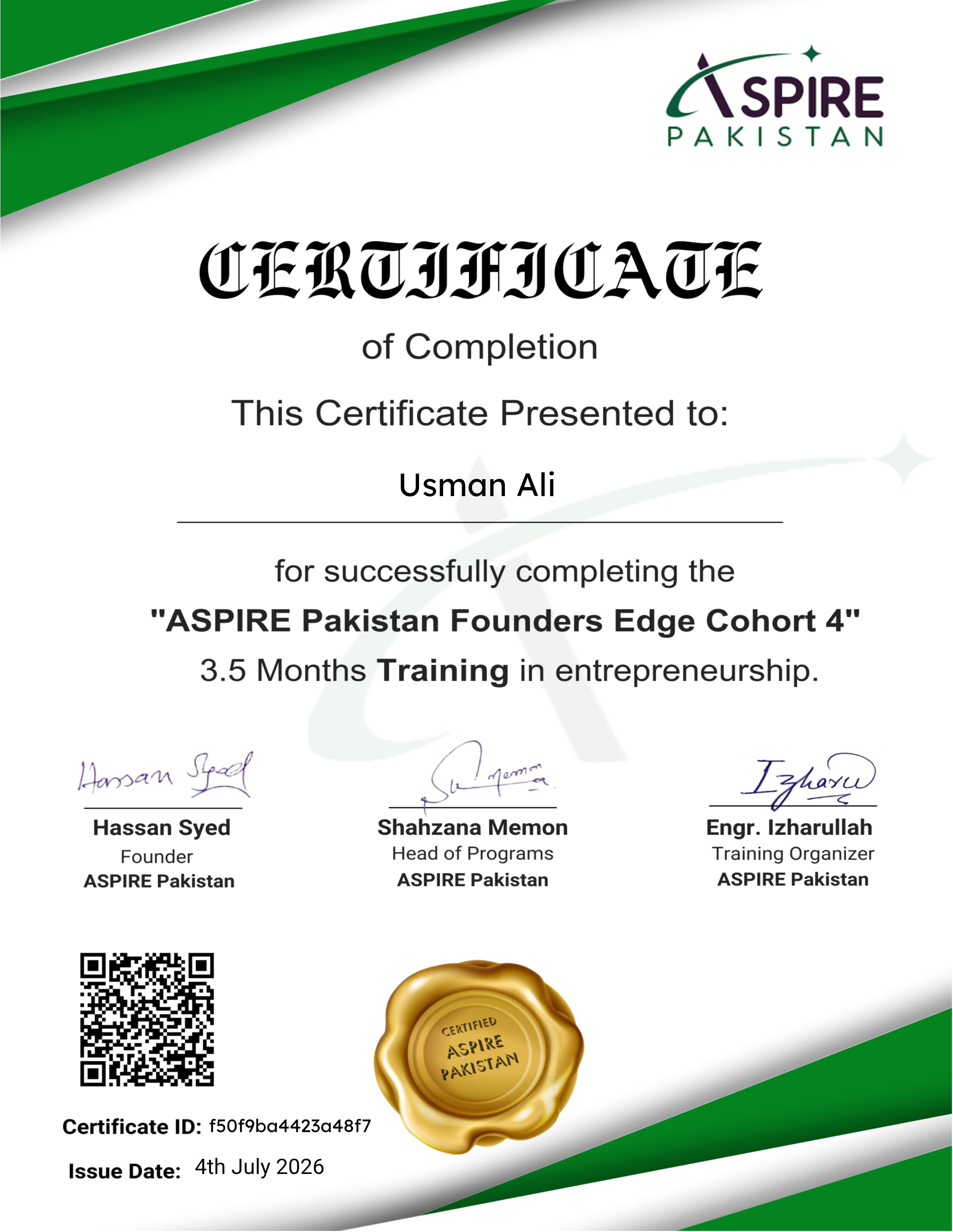 Founders Edge Program Cohort 4 Completion Certificate