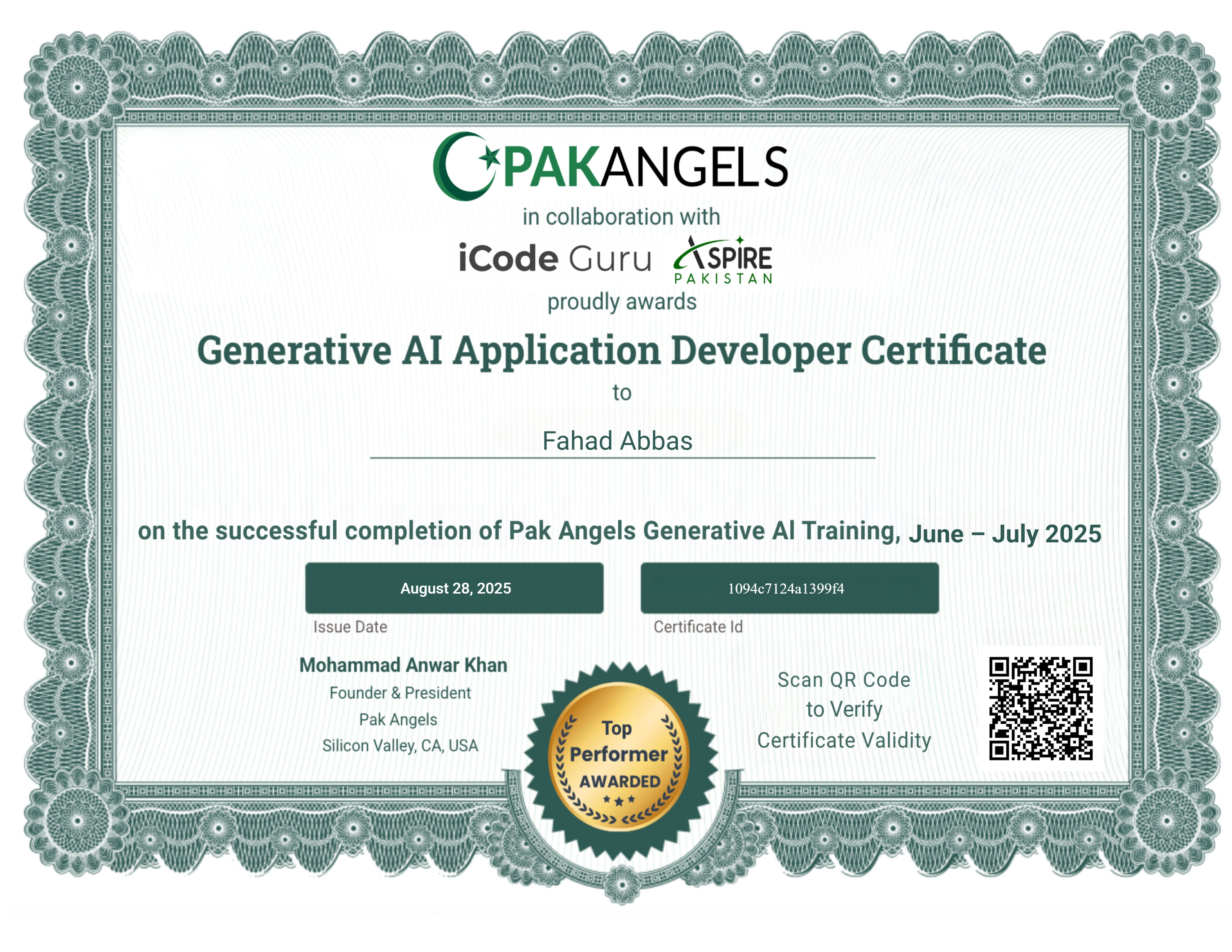 Pak Angels’ Generative AI Training Course - Top Performer Certificate