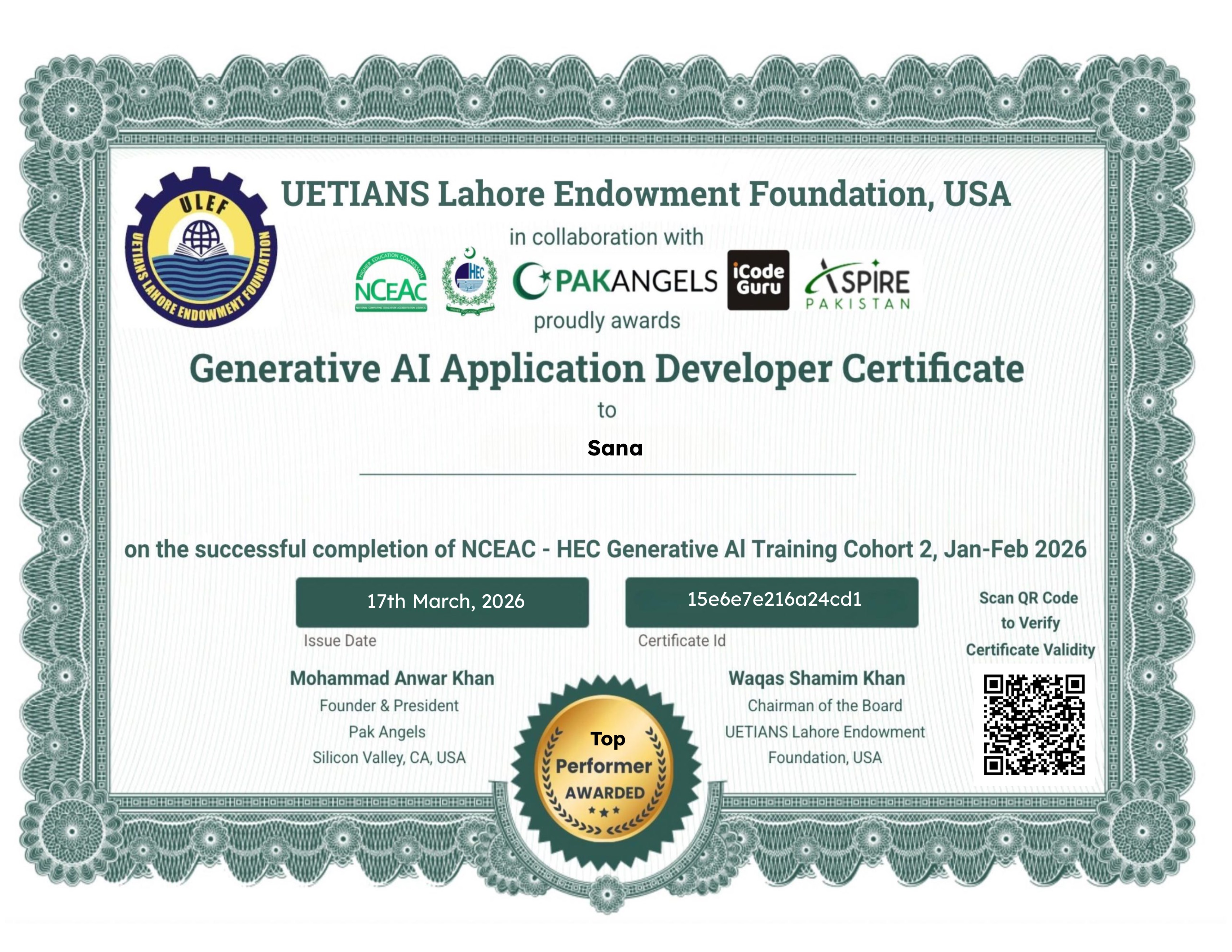 Pak Angels- HEC Generative AI Training Course Cohort 2 - Top Performer Certificate