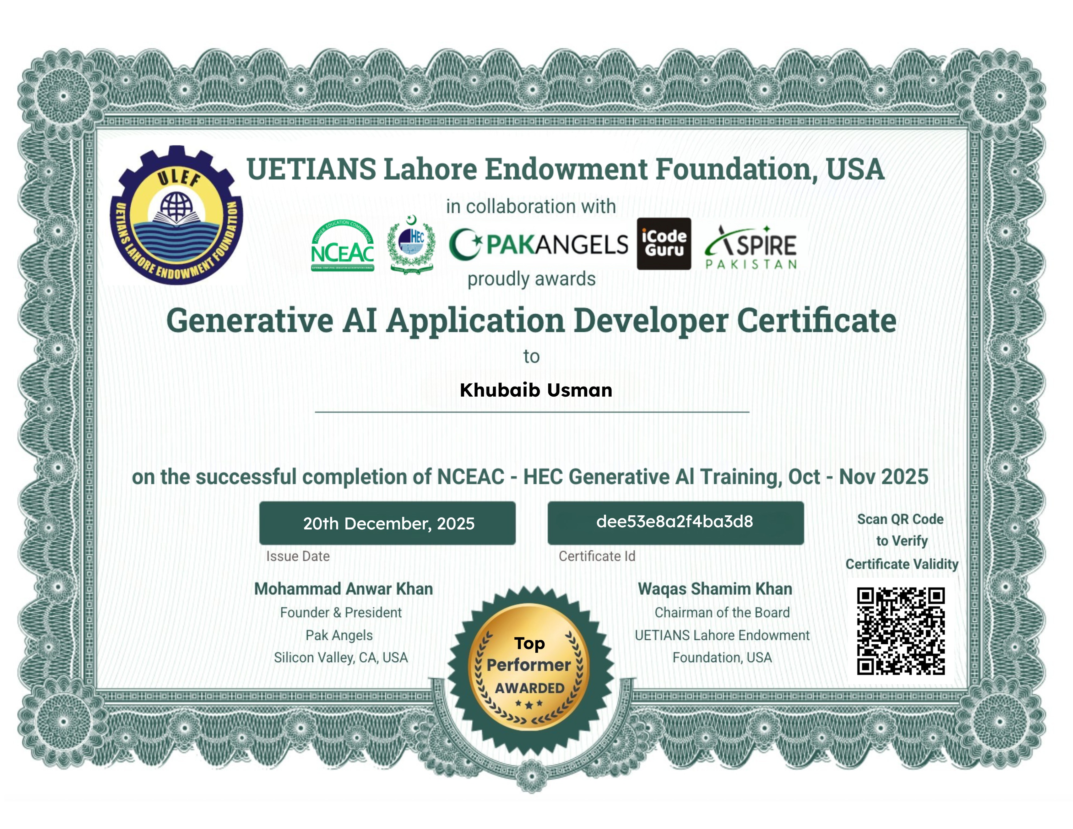 Pak Angels- HEC Generative AI Training Course - Top Performer Certificate