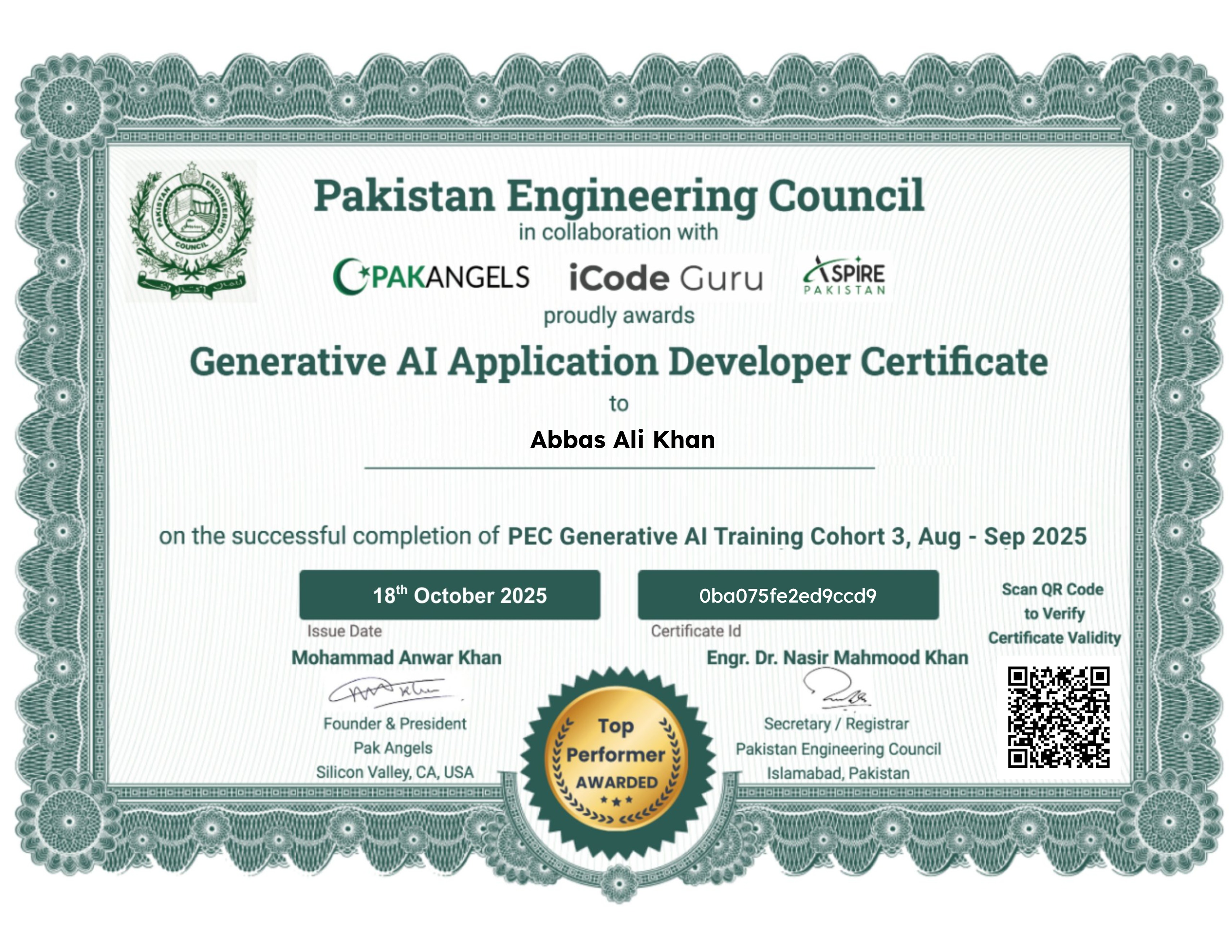 Pak Angels’ PEC Generative AI Training Course - Top Performer Certificate