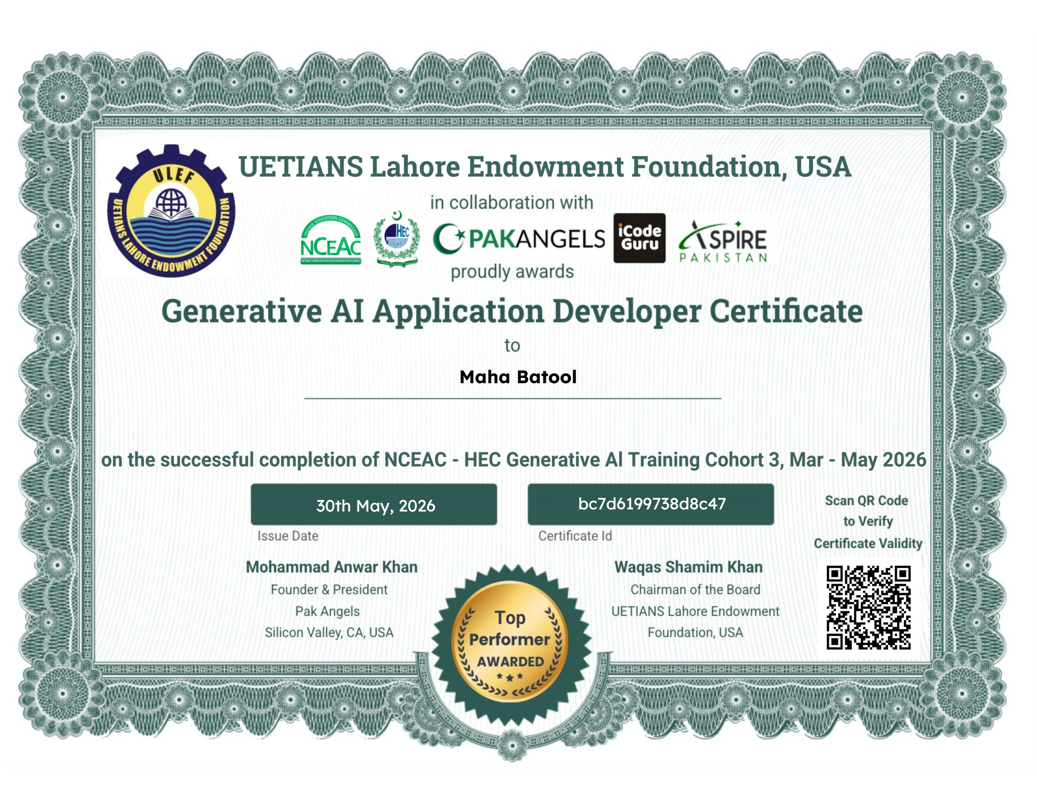 Pak Angels- HEC Generative AI Training Course Cohort 3 - Top Performer Certificate