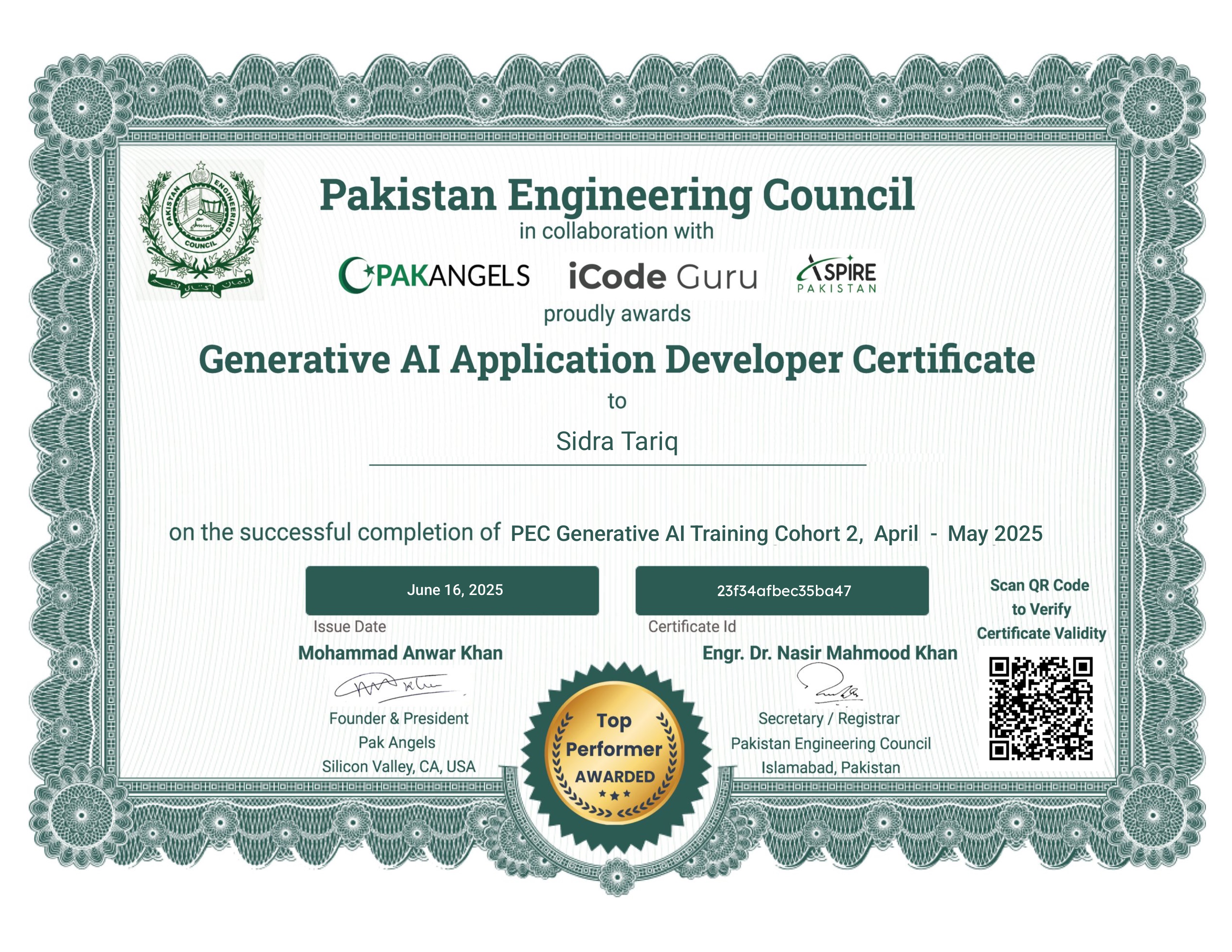 Pak Angels’ Generative AI Training Course - Top Performer Certificate