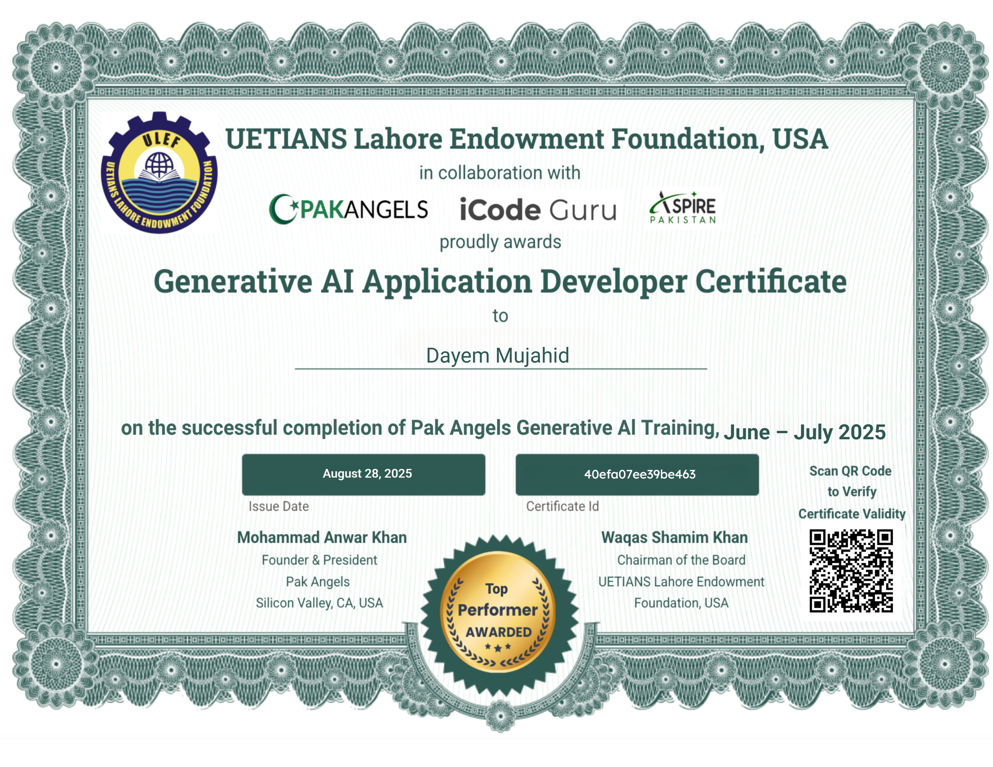 Pak Angels’ ULEFUSA Generative AI Training Course - Top Performer Certificate