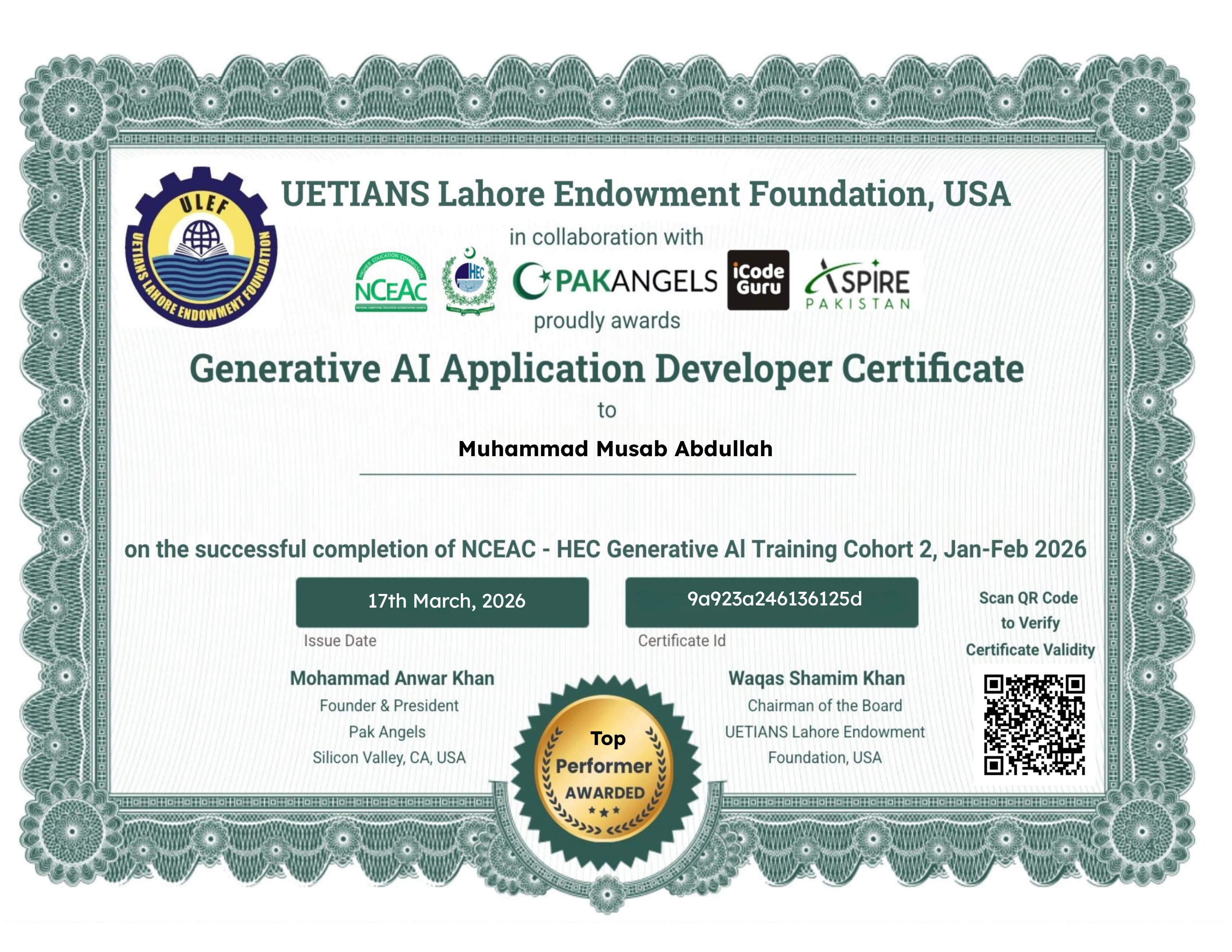 Pak Angels- HEC Generative AI Training Course Cohort 2 - Top Performer Certificate