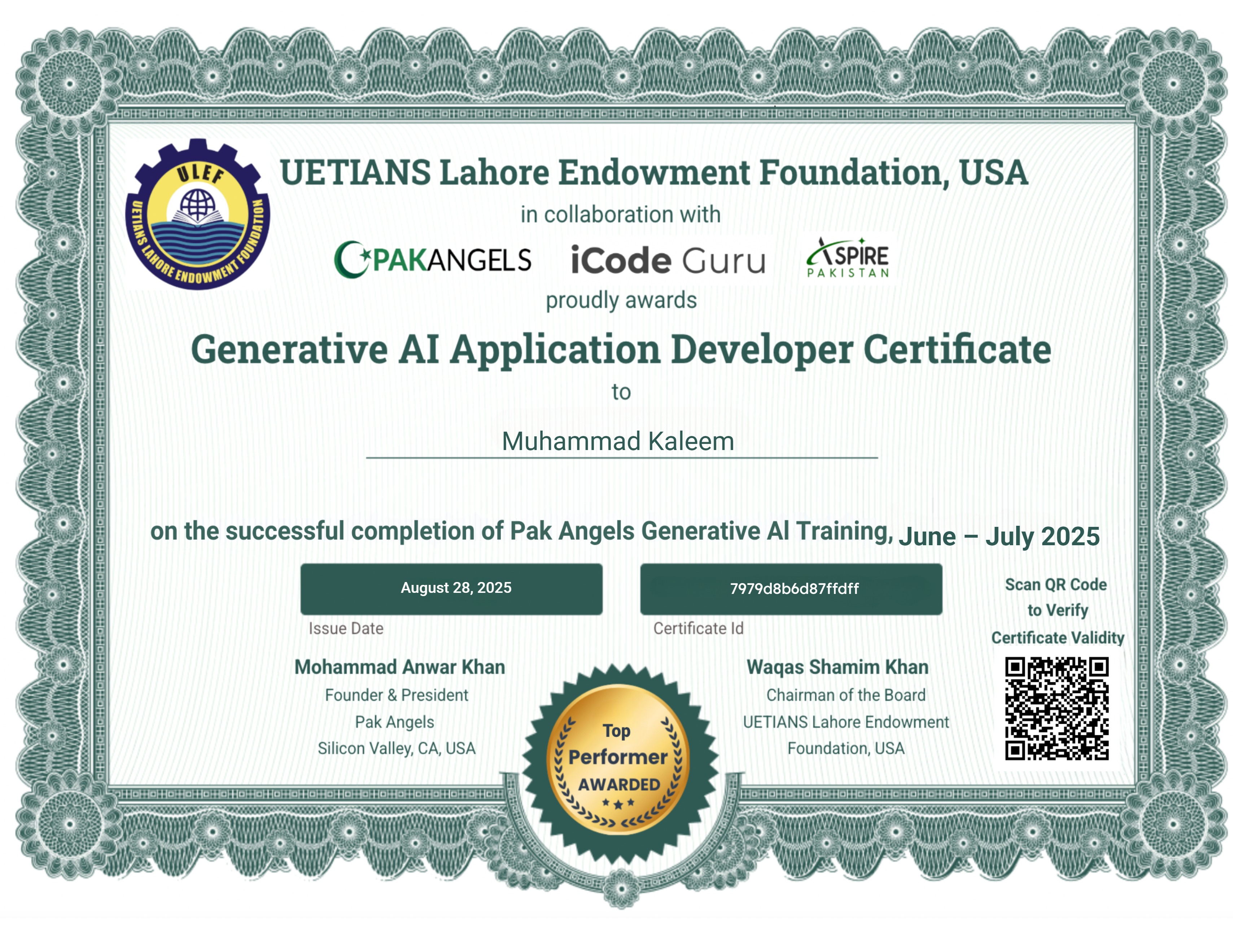 Pak Angels’ ULEFUSA Generative AI Training Course - Top Performer Certificate