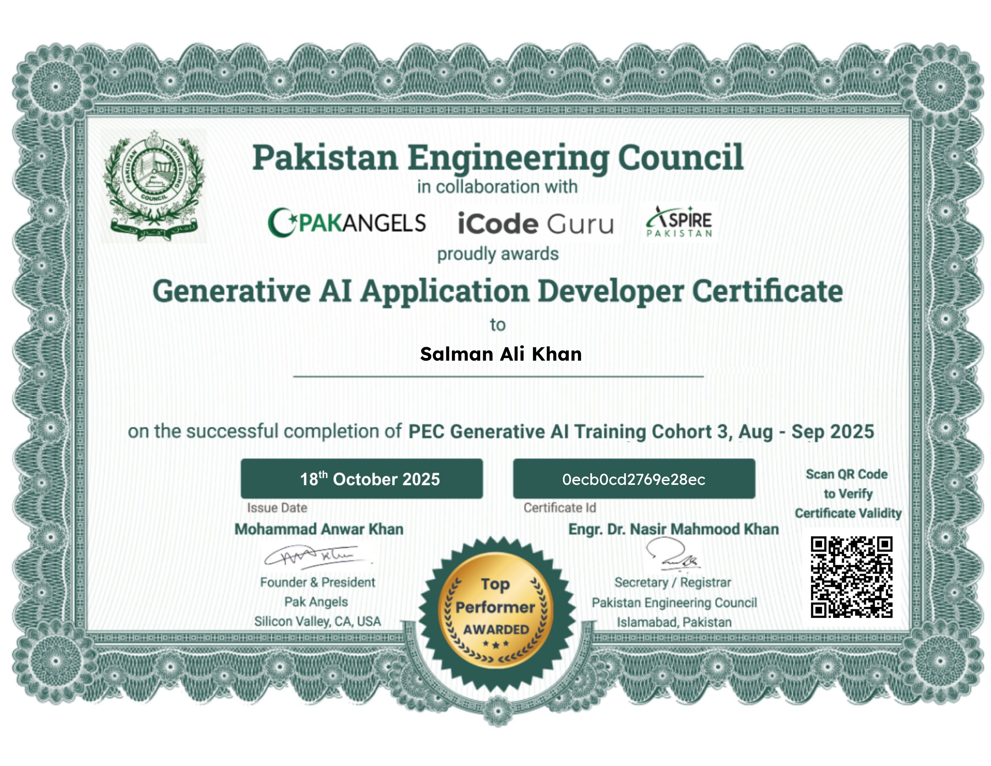 Pak Angels’ PEC Generative AI Training Course - Top Performer Certificate