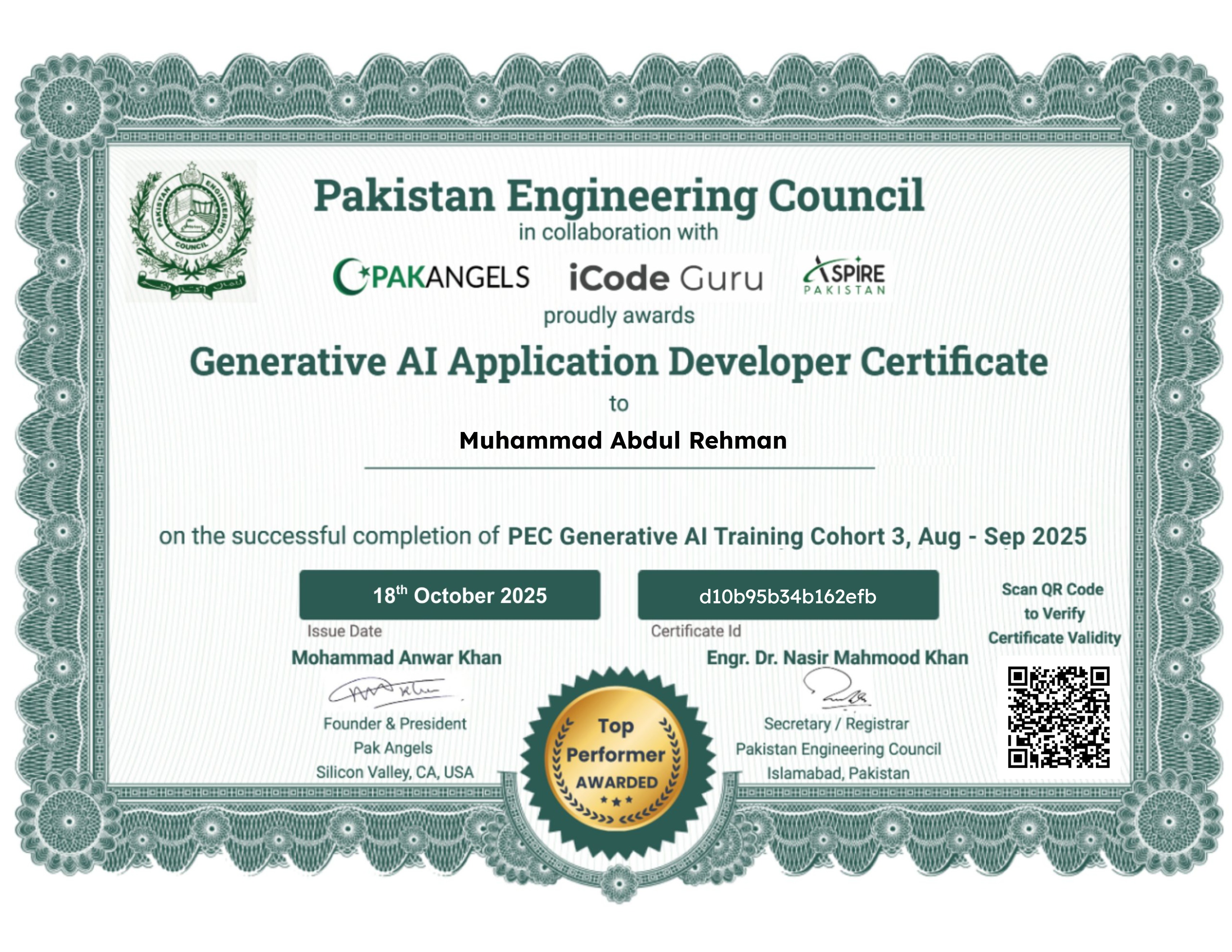 Pak Angels’ PEC Generative AI Training Course - Top Performer Certificate