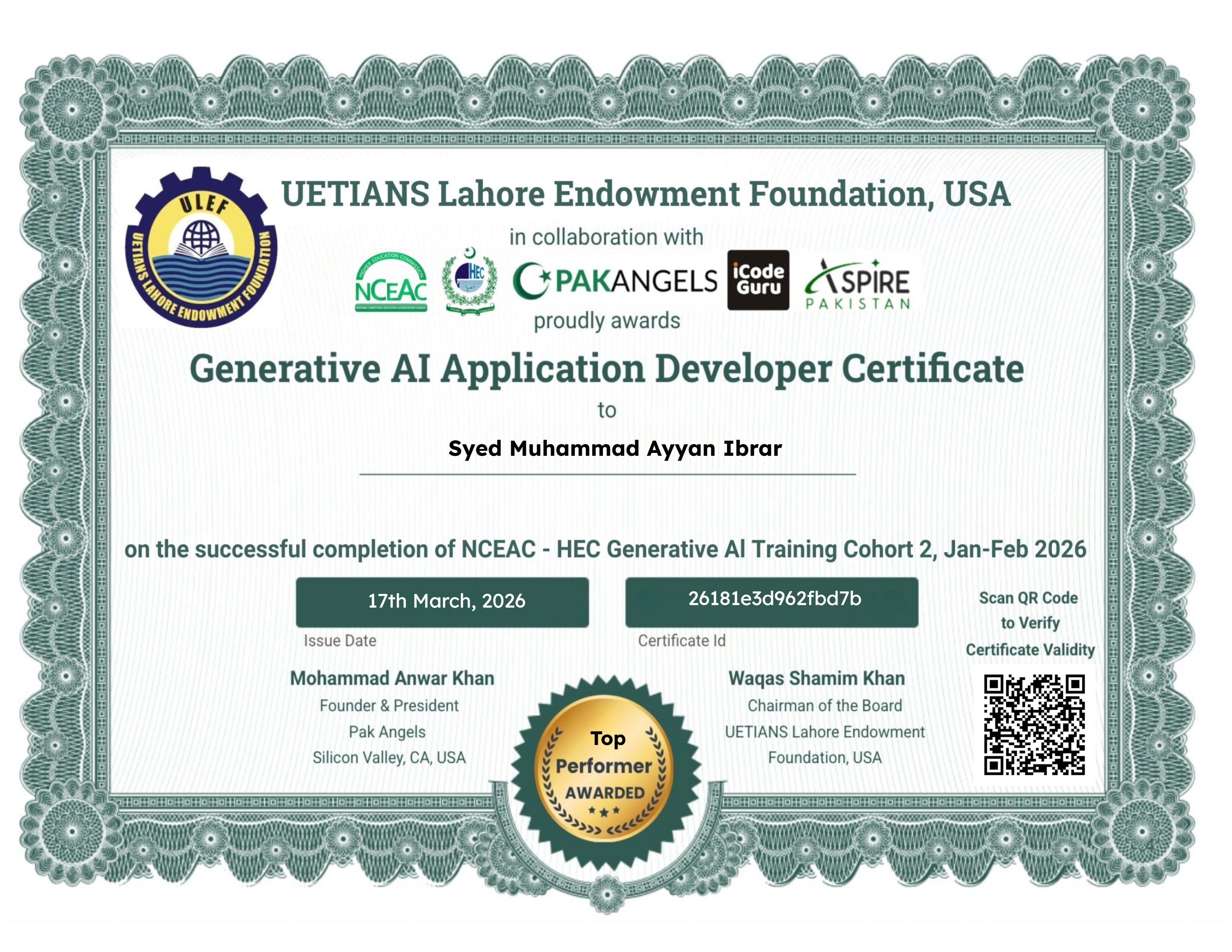 Pak Angels- HEC Generative AI Training Course Cohort 2 - Top Performer Certificate