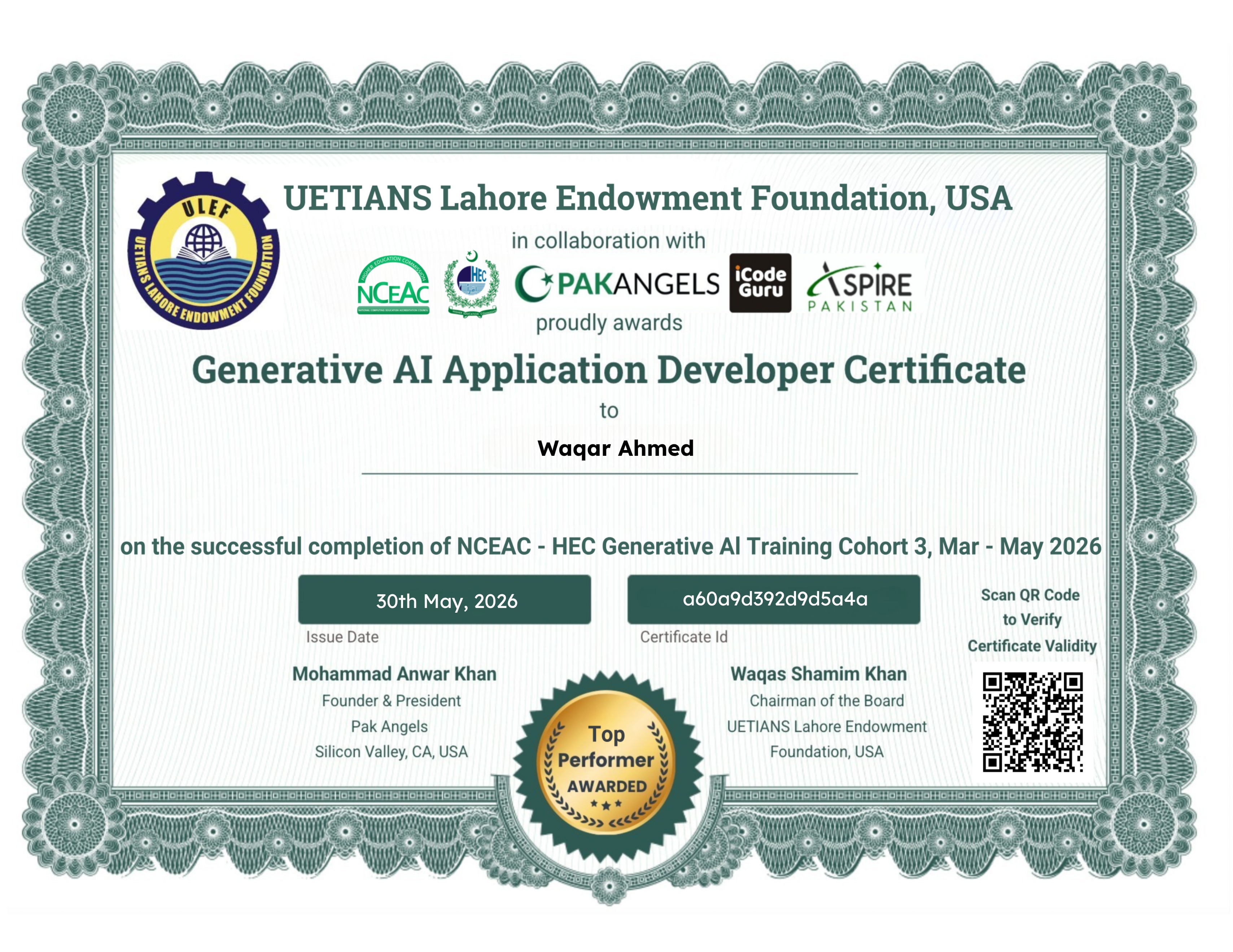 Pak Angels- HEC Generative AI Training Course Cohort 3 - Top Performer Certificate