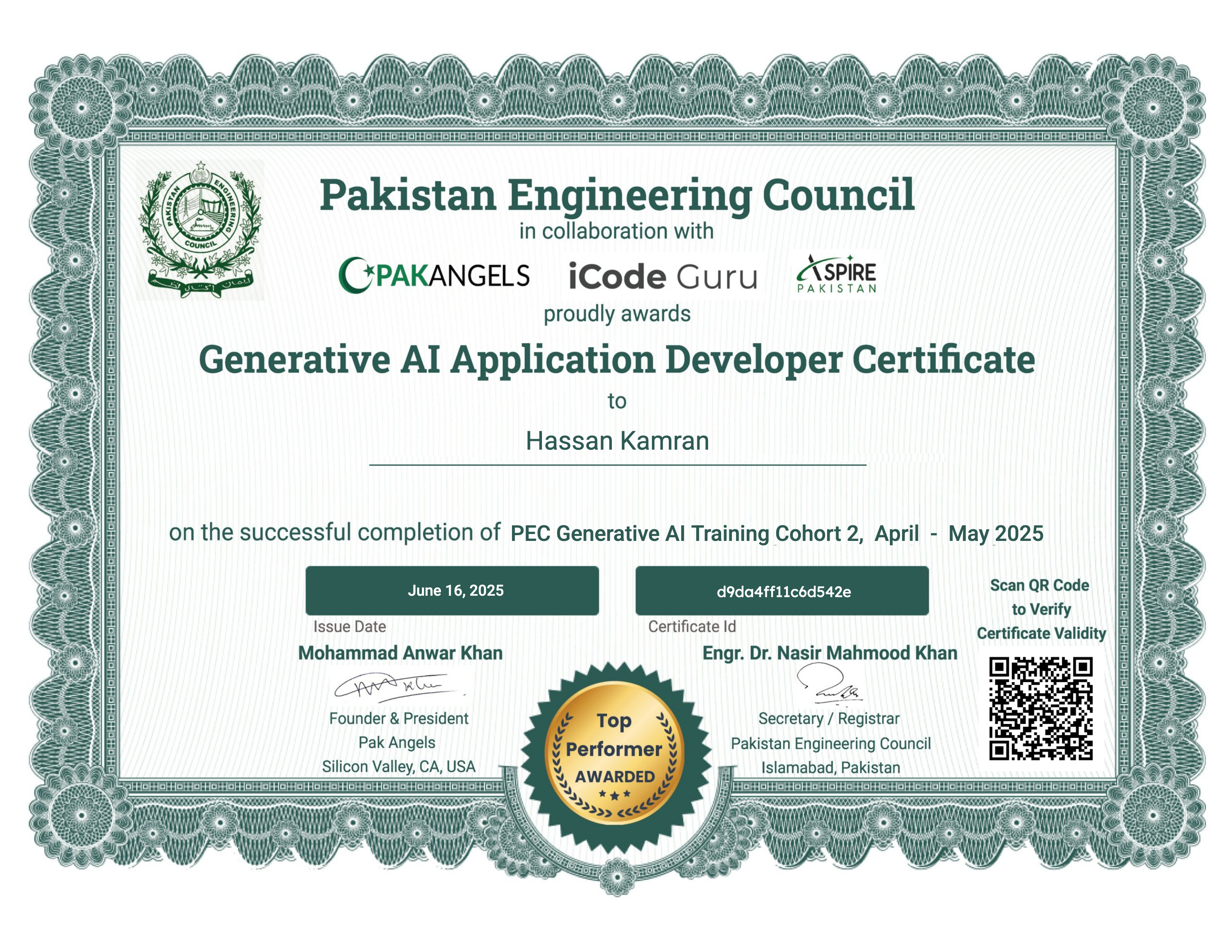 Pak Angels’ Generative AI Training Course - Top Performer Certificate
