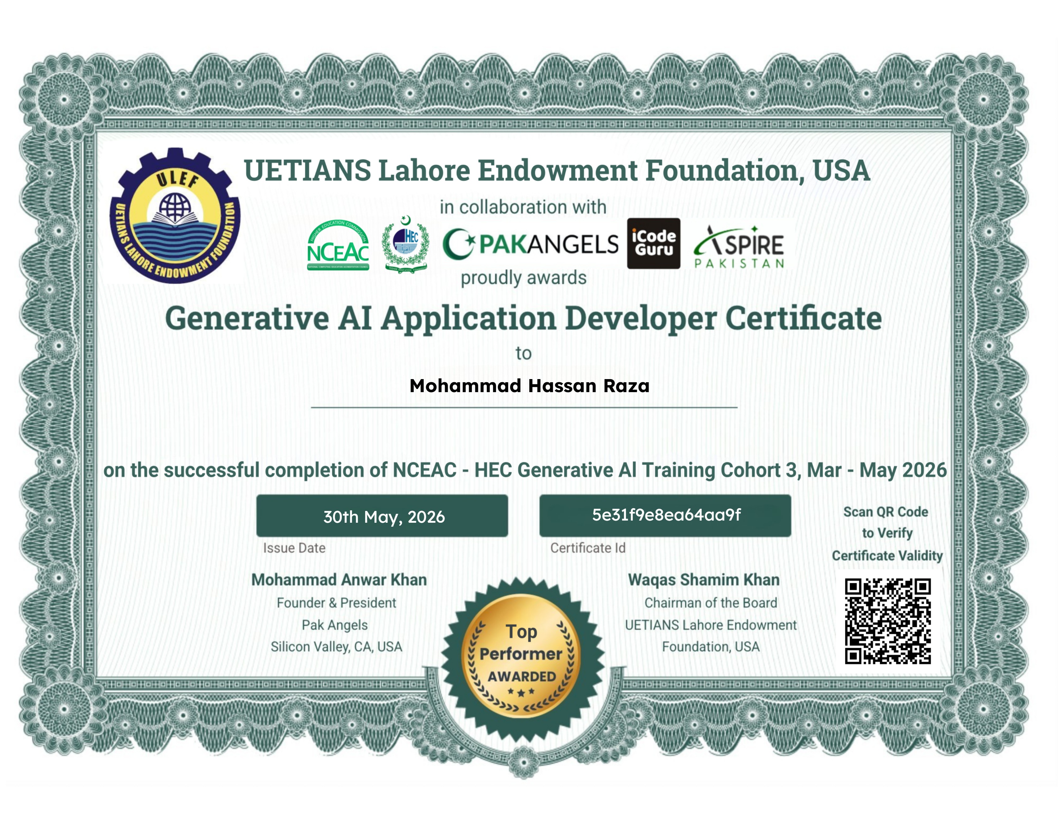 Pak Angels- HEC Generative AI Training Course Cohort 3 - Top Performer Certificate