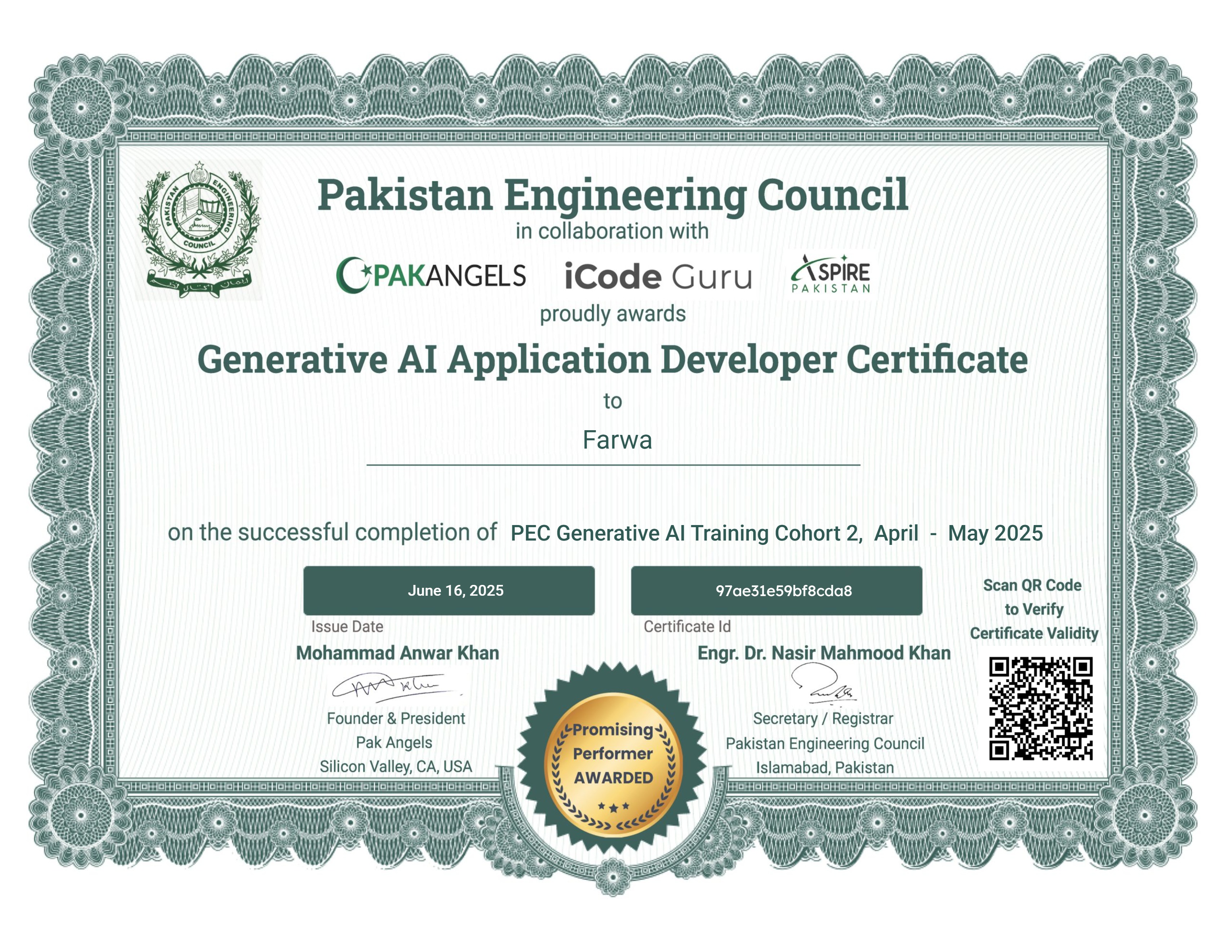Pak Angels’ Generative AI Training Course - Promising Performer Certificate