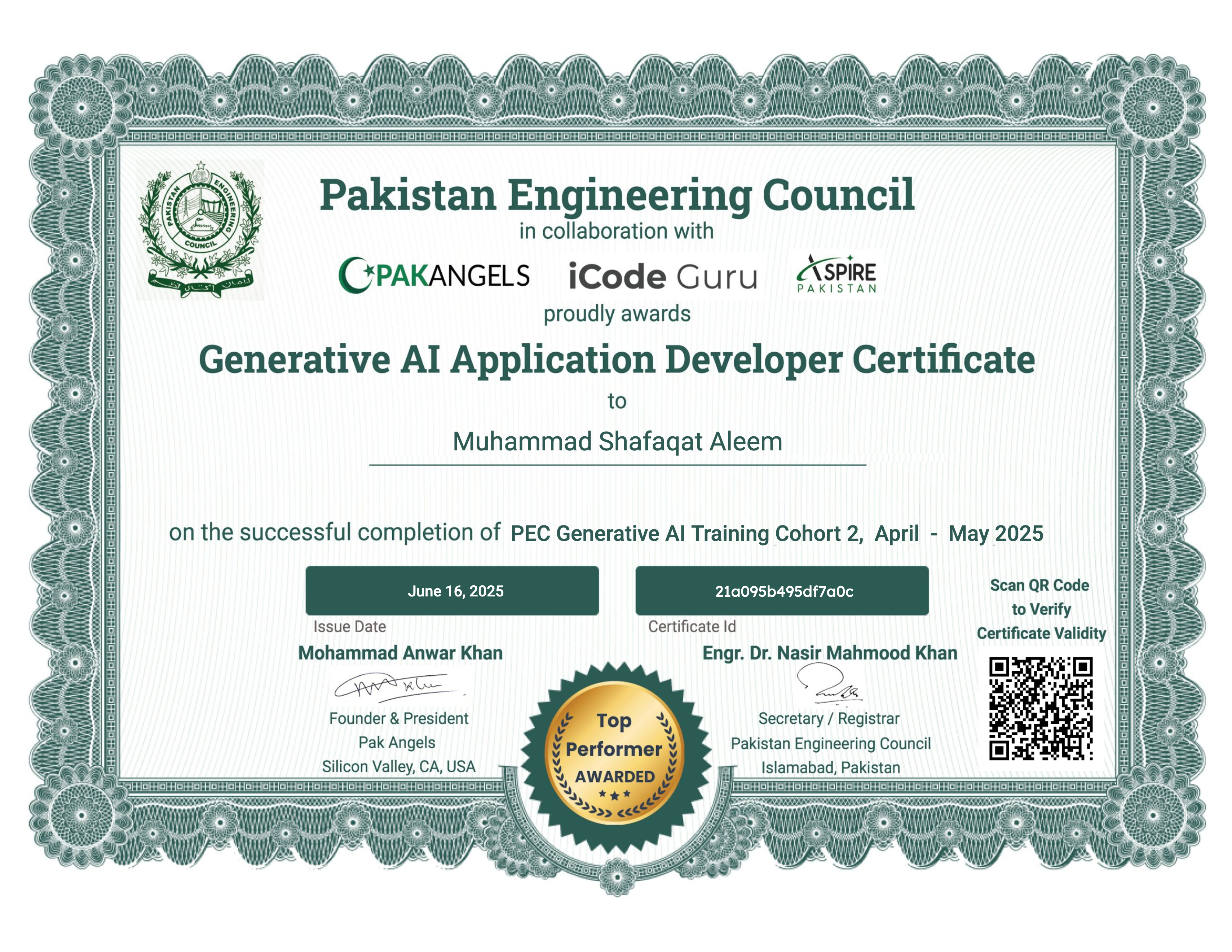 Pak Angels’ PEC Generative AI Training Course - Top Performer Certificate