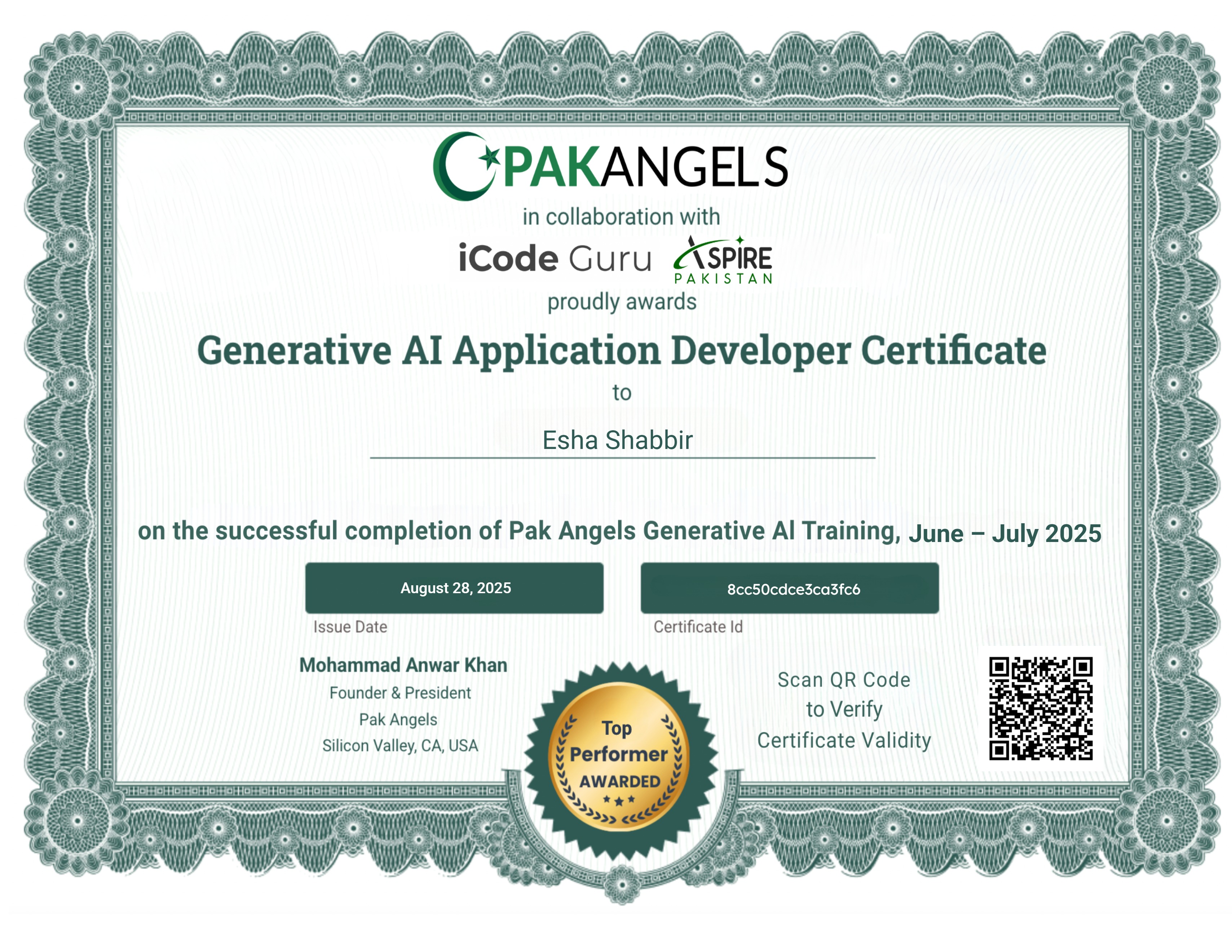 Pak Angels’ Generative AI Training Course - Top Performer Certificate