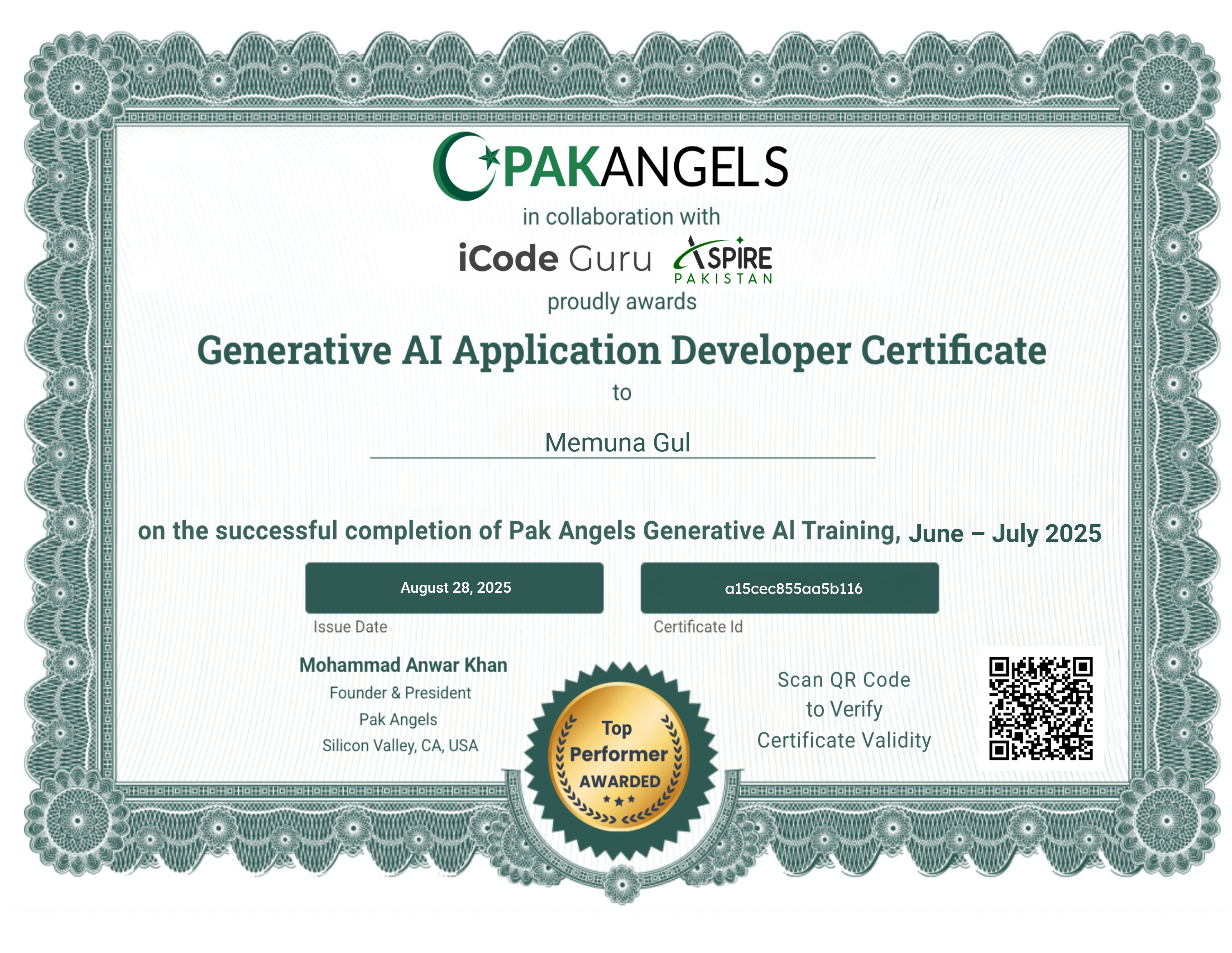 Pak Angels’ Generative AI Training Course - Top Performer Certificate