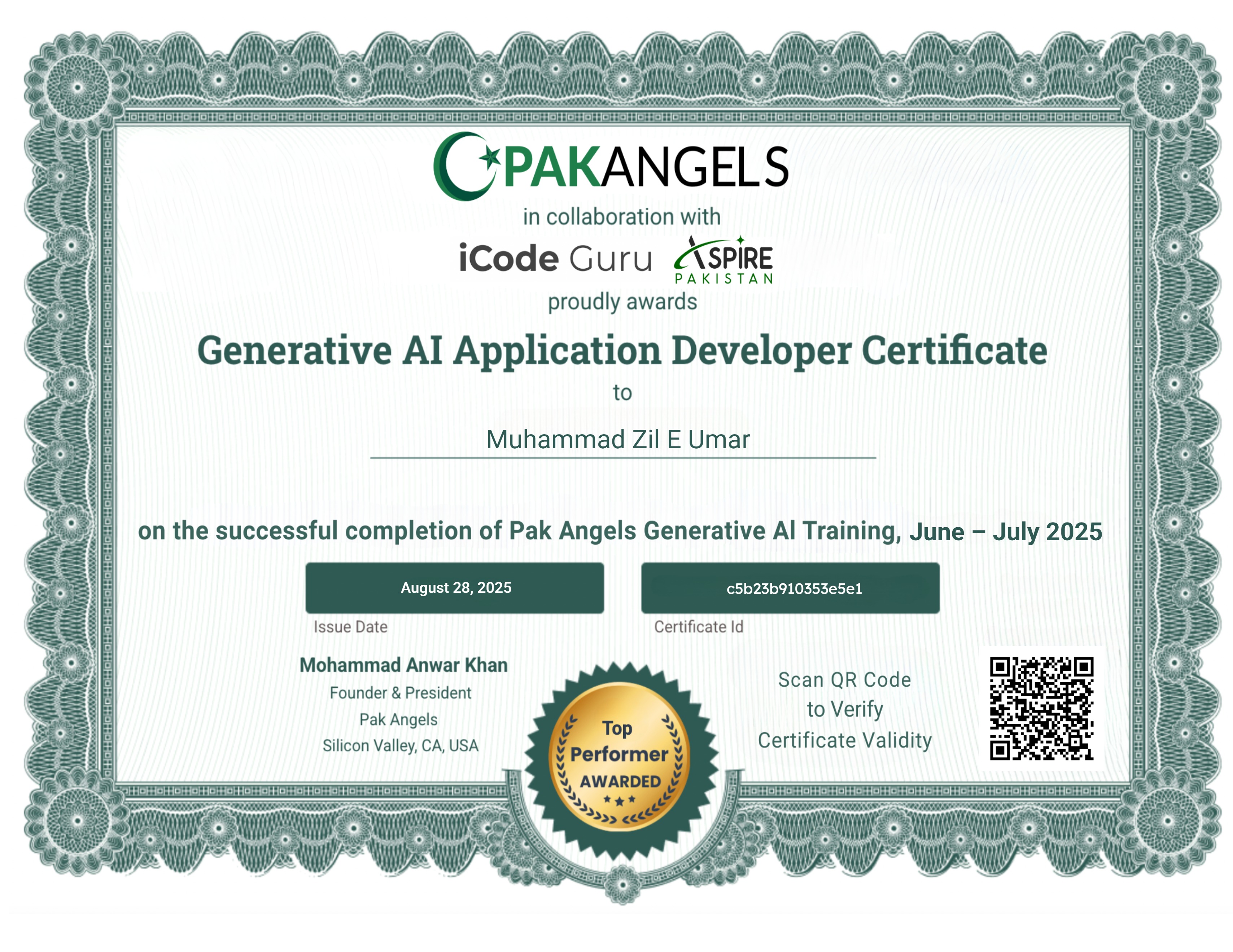 Pak Angels’ Generative AI Training Course - Top Performer Certificate