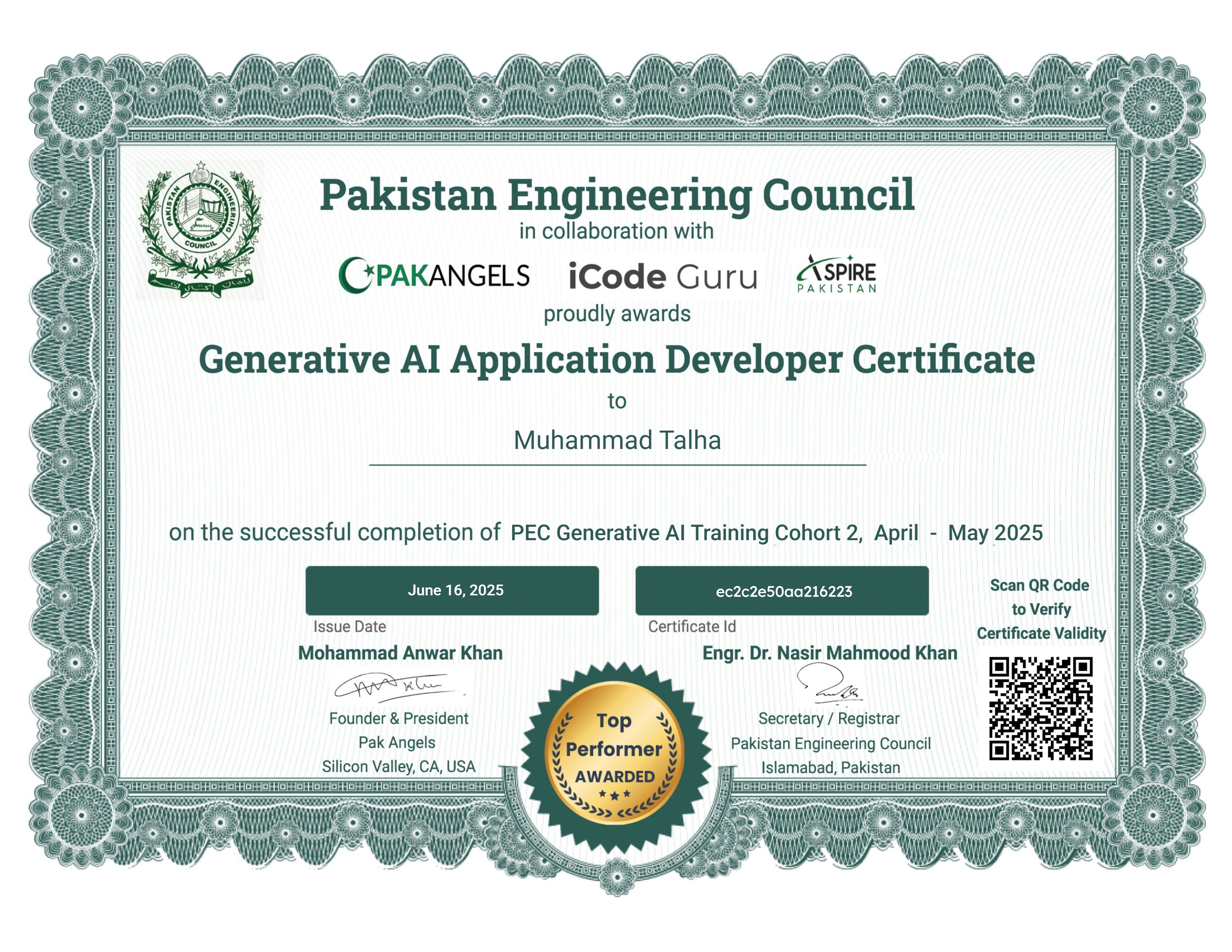 Pak Angels’ PEC Generative AI Training Course - Top Performer Certificate