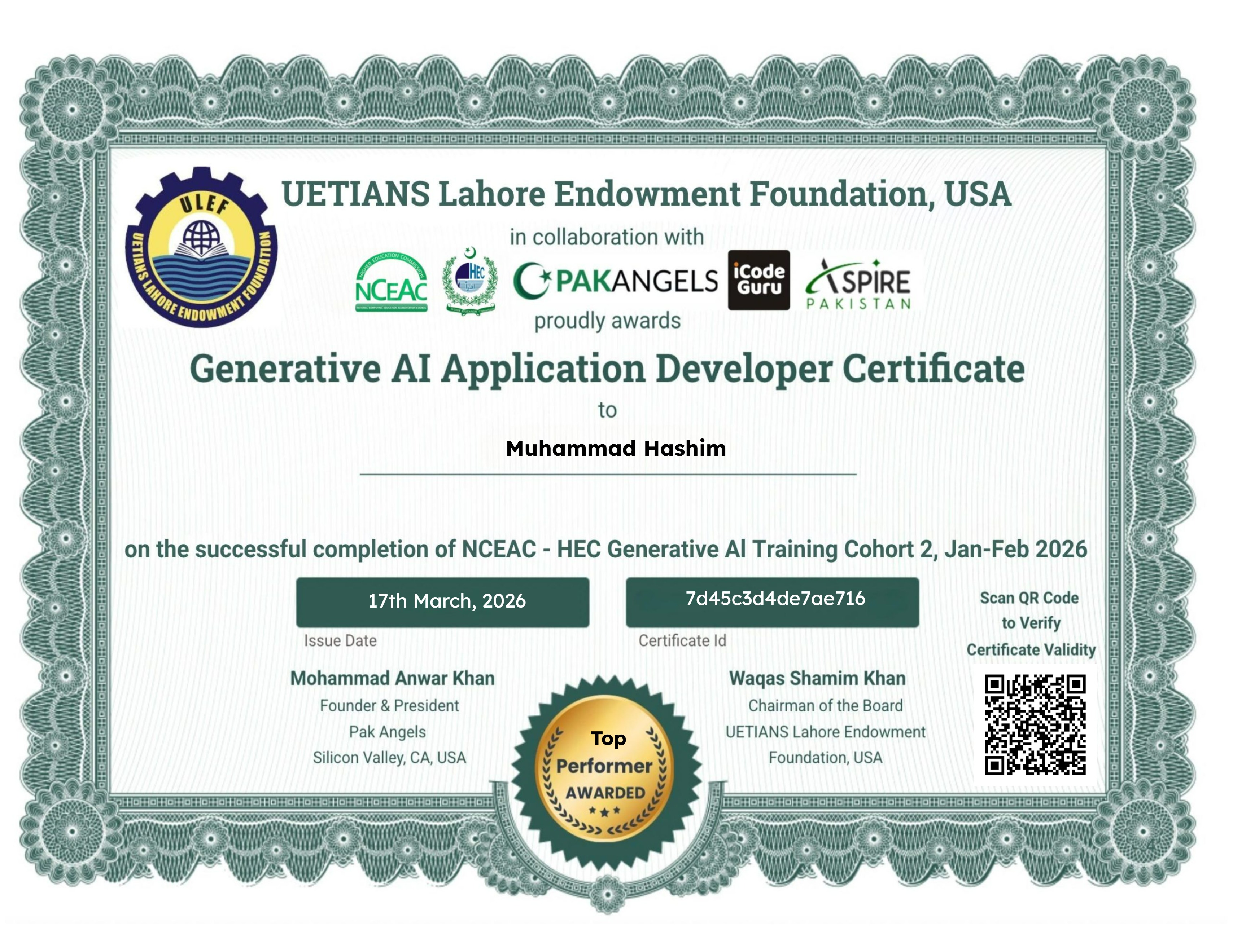 Pak Angels- HEC Generative AI Training Course Cohort 2 - Top Performer Certificate
