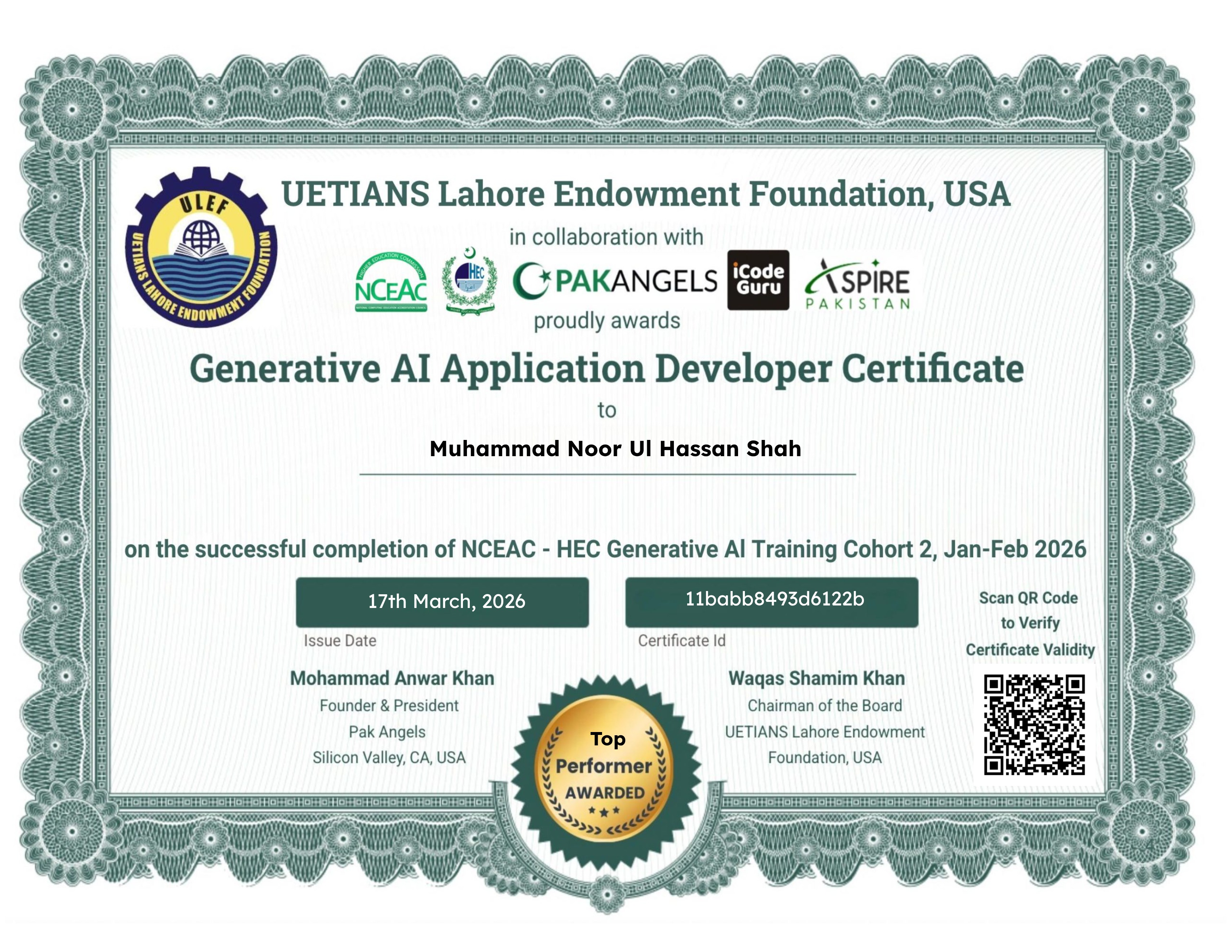 Pak Angels- HEC Generative AI Training Course Cohort 2 - Top Performer Certificate