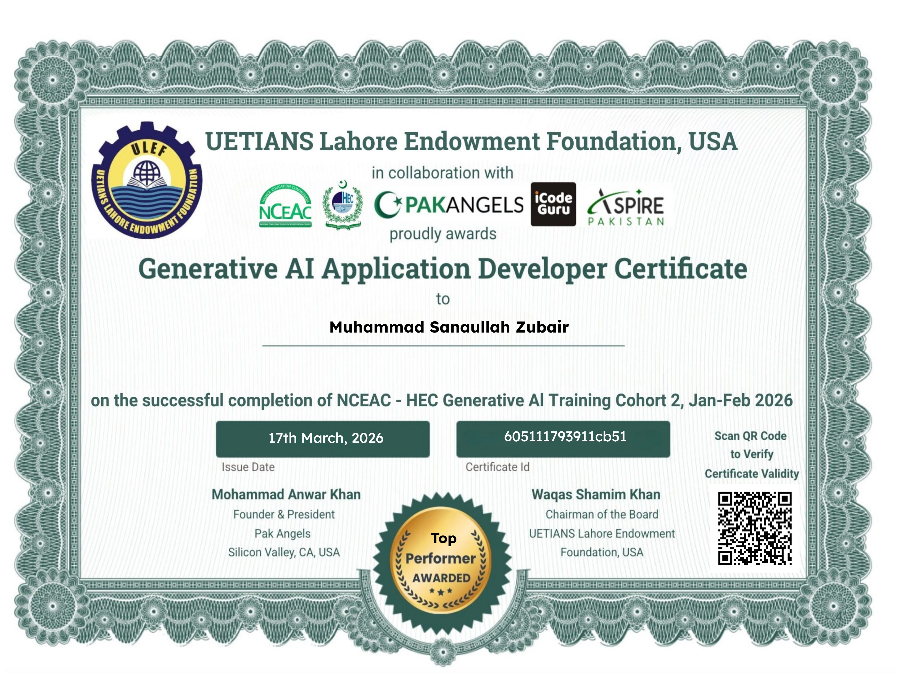 Pak Angels- HEC Generative AI Training Course Cohort 2 - Top Performer Certificate