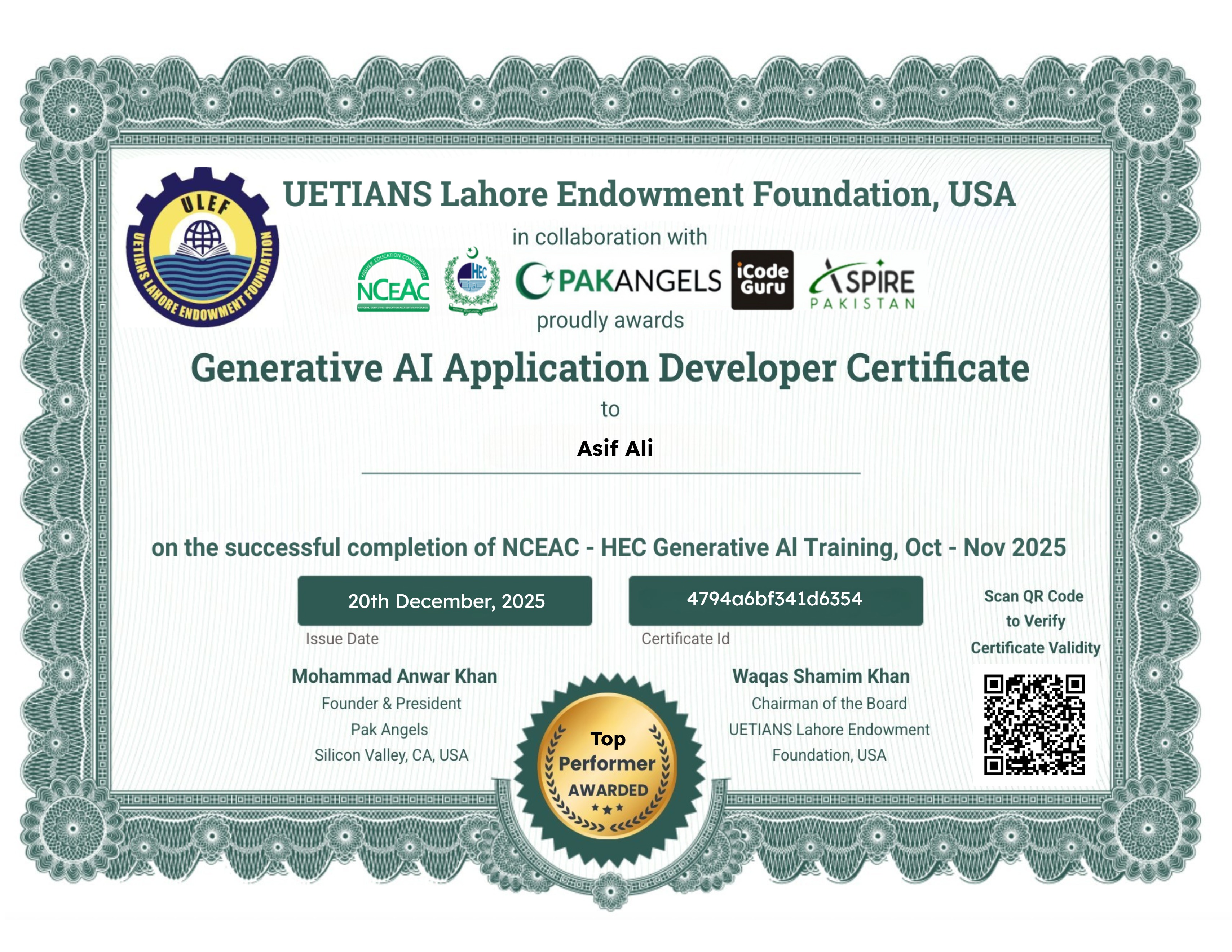 Pak Angels- HEC Generative AI Training Course - Top Performer Certificate