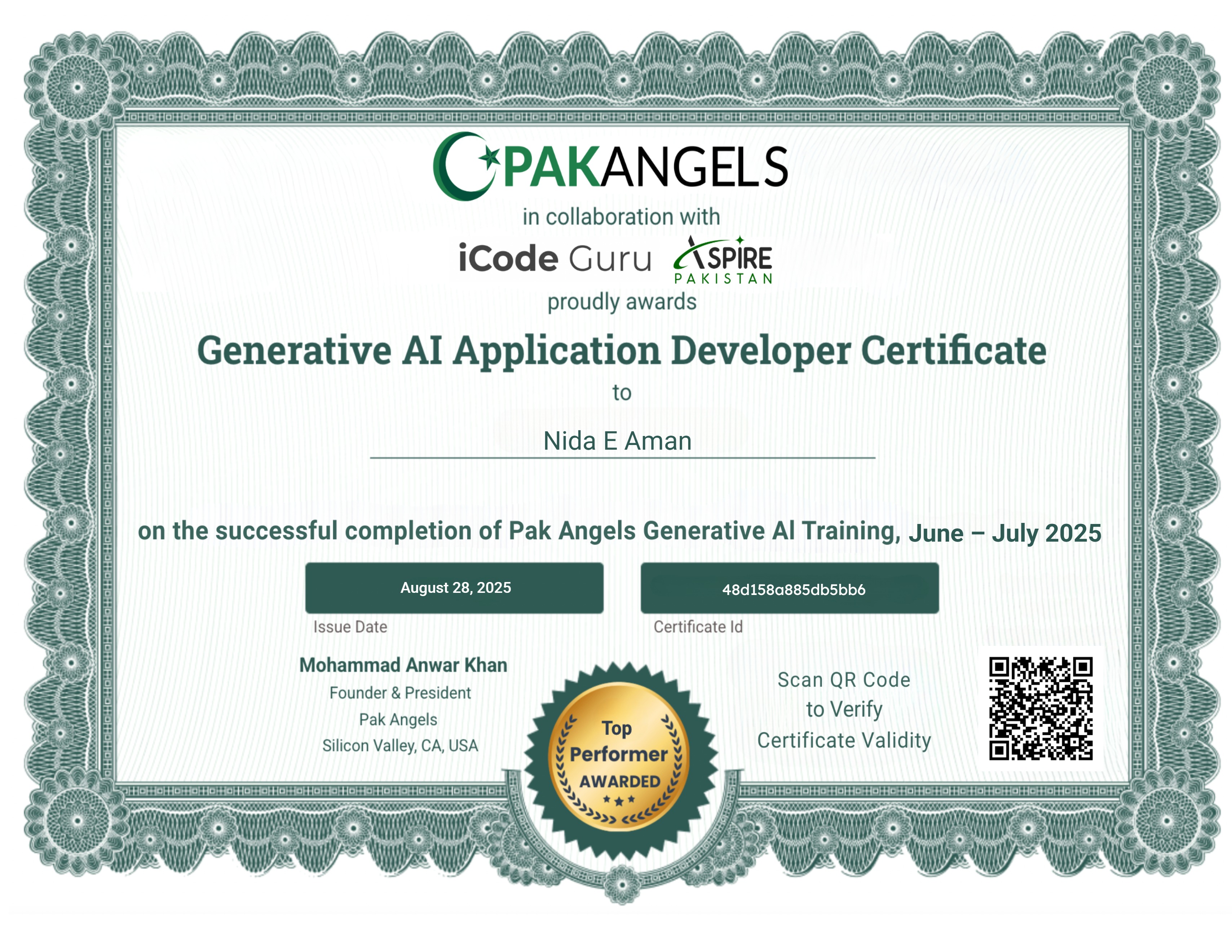 Pak Angels’ Generative AI Training Course - Top Performer Certificate