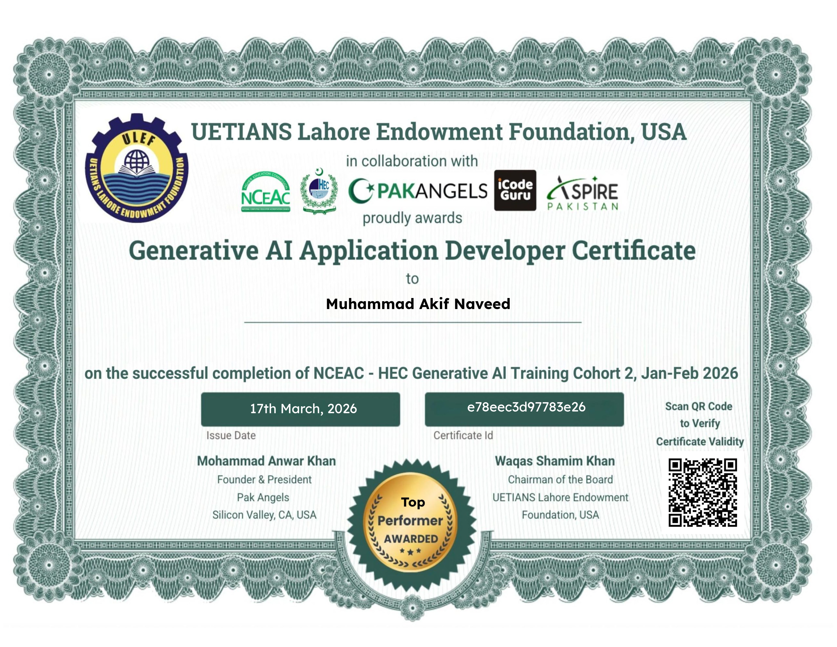 Pak Angels- HEC Generative AI Training Course Cohort 2 - Top Performer Certificate