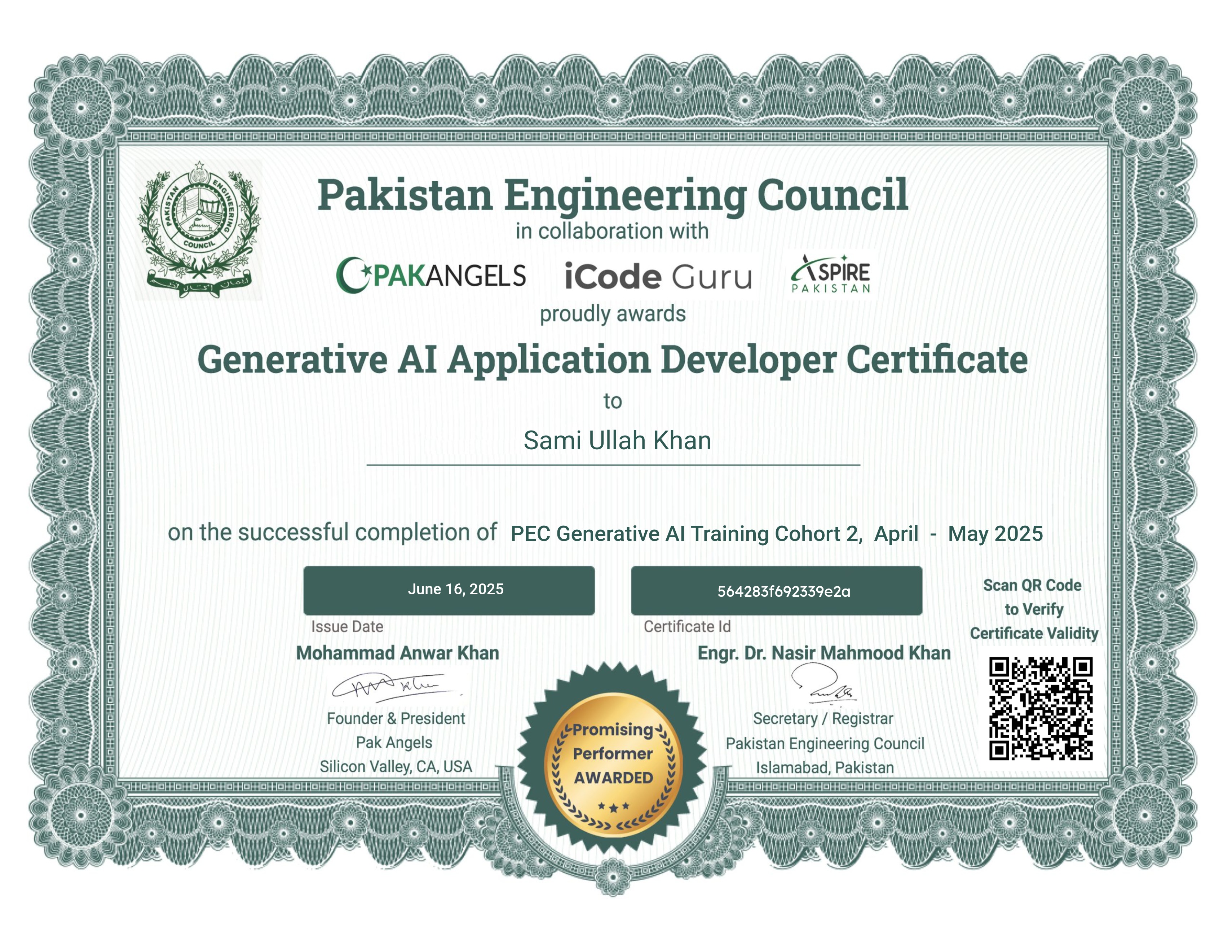 Pak Angels’ Generative AI Training Course - Promising Performer Certificate