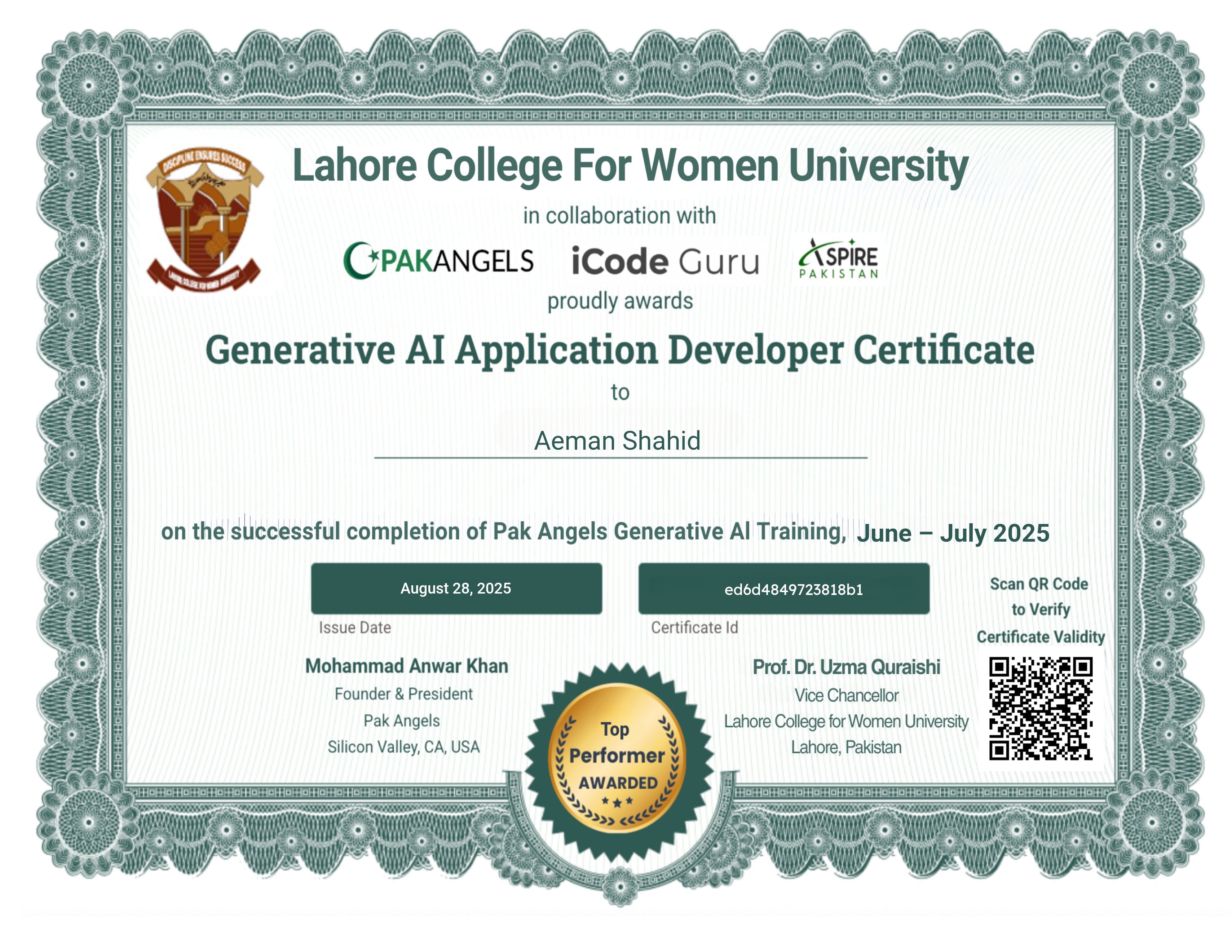 Pak Angels’ LCWU Generative AI Training Course - Top Performer Certificate