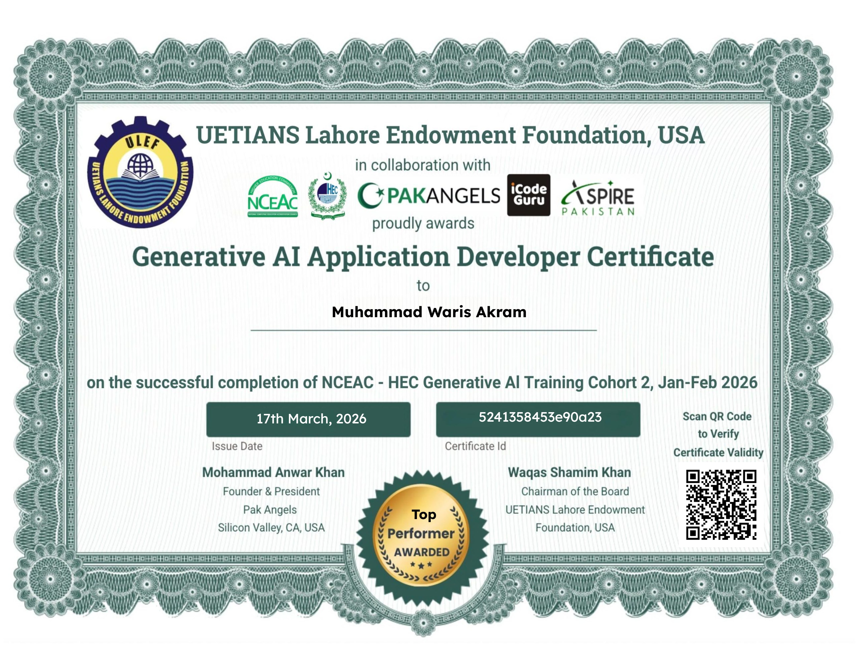 Pak Angels- HEC Generative AI Training Course Cohort 2 - Top Performer Certificate