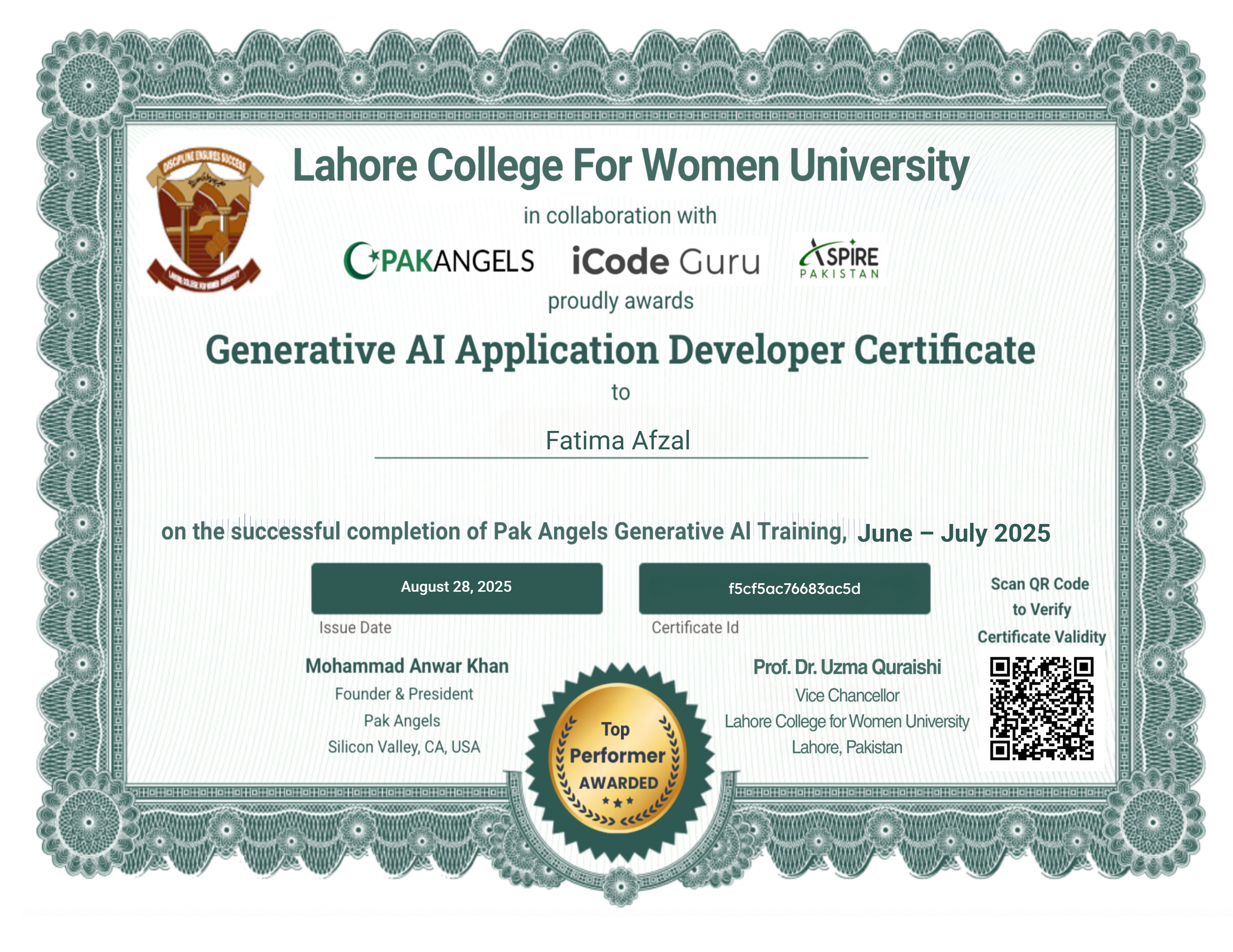 Pak Angels’ LCWU Generative AI Training Course - Top Performer Certificate