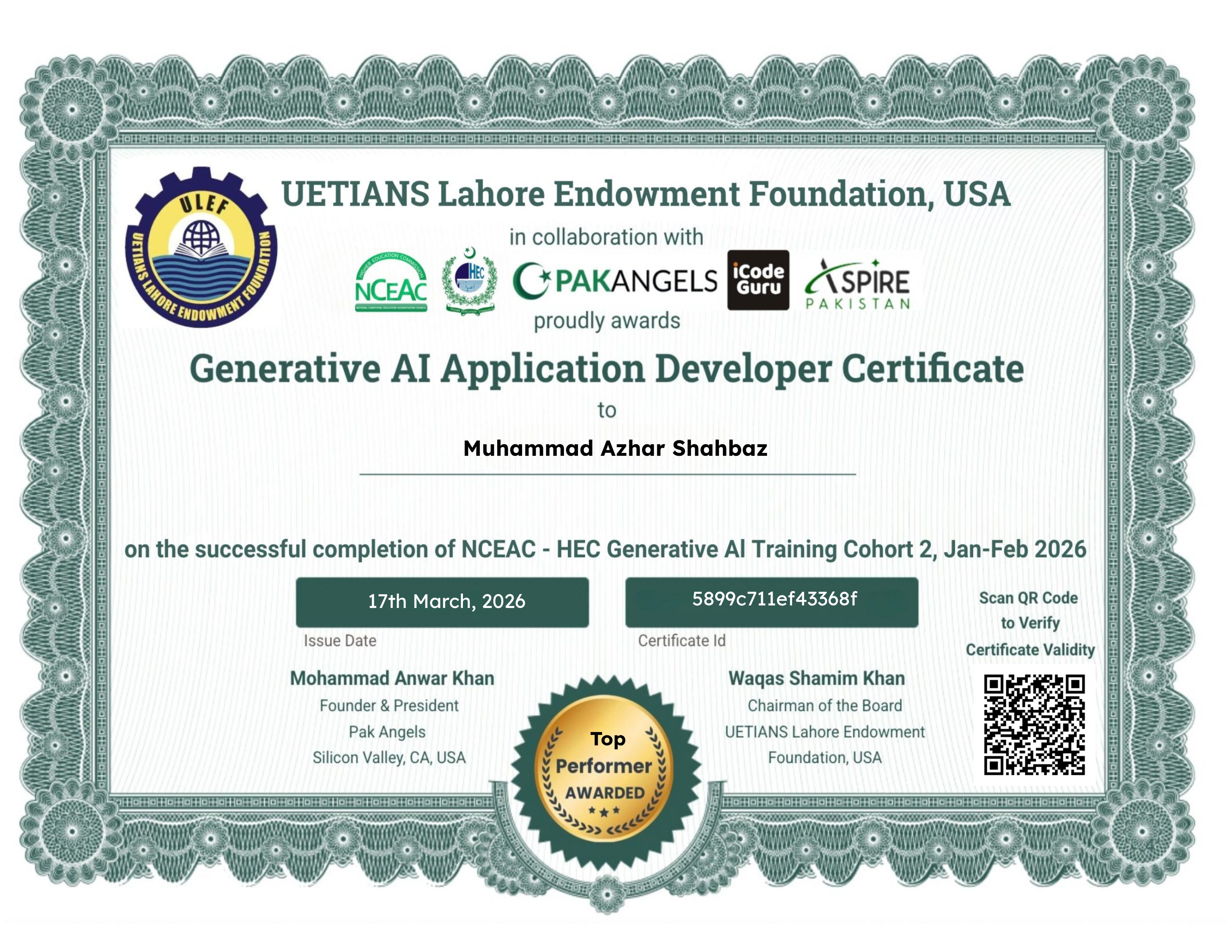 Pak Angels- HEC Generative AI Training Course Cohort 2 - Top Performer Certificate