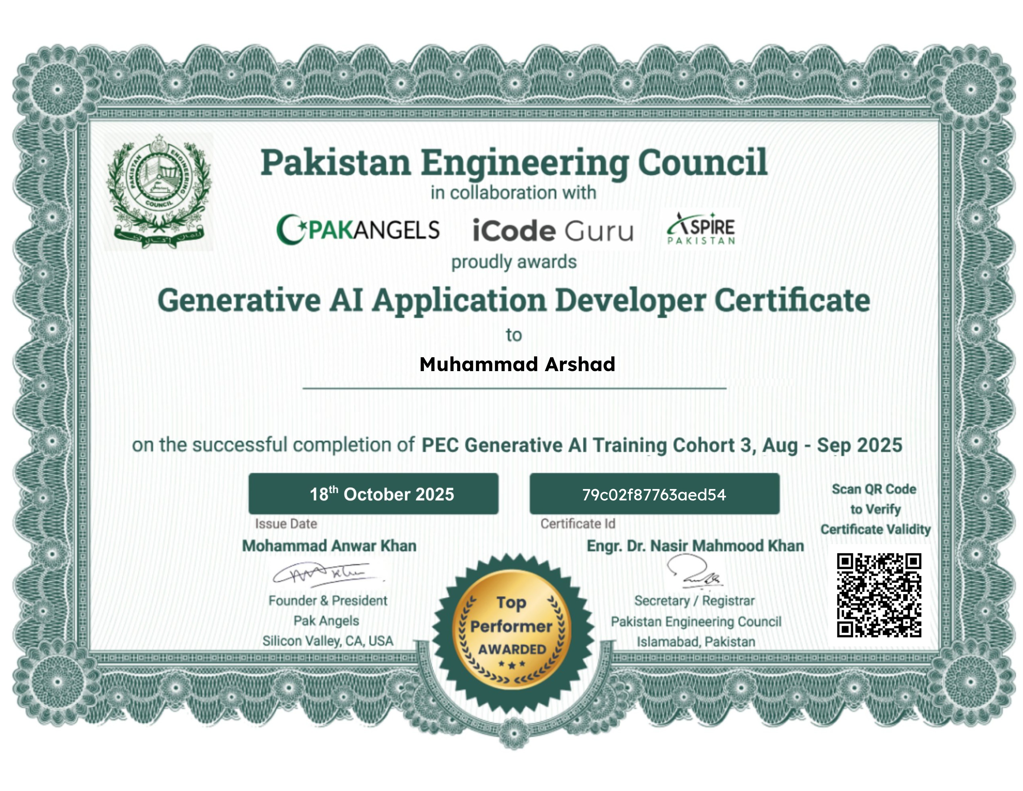 Pak Angels’ PEC Generative AI Training Course - Top Performer Certificate