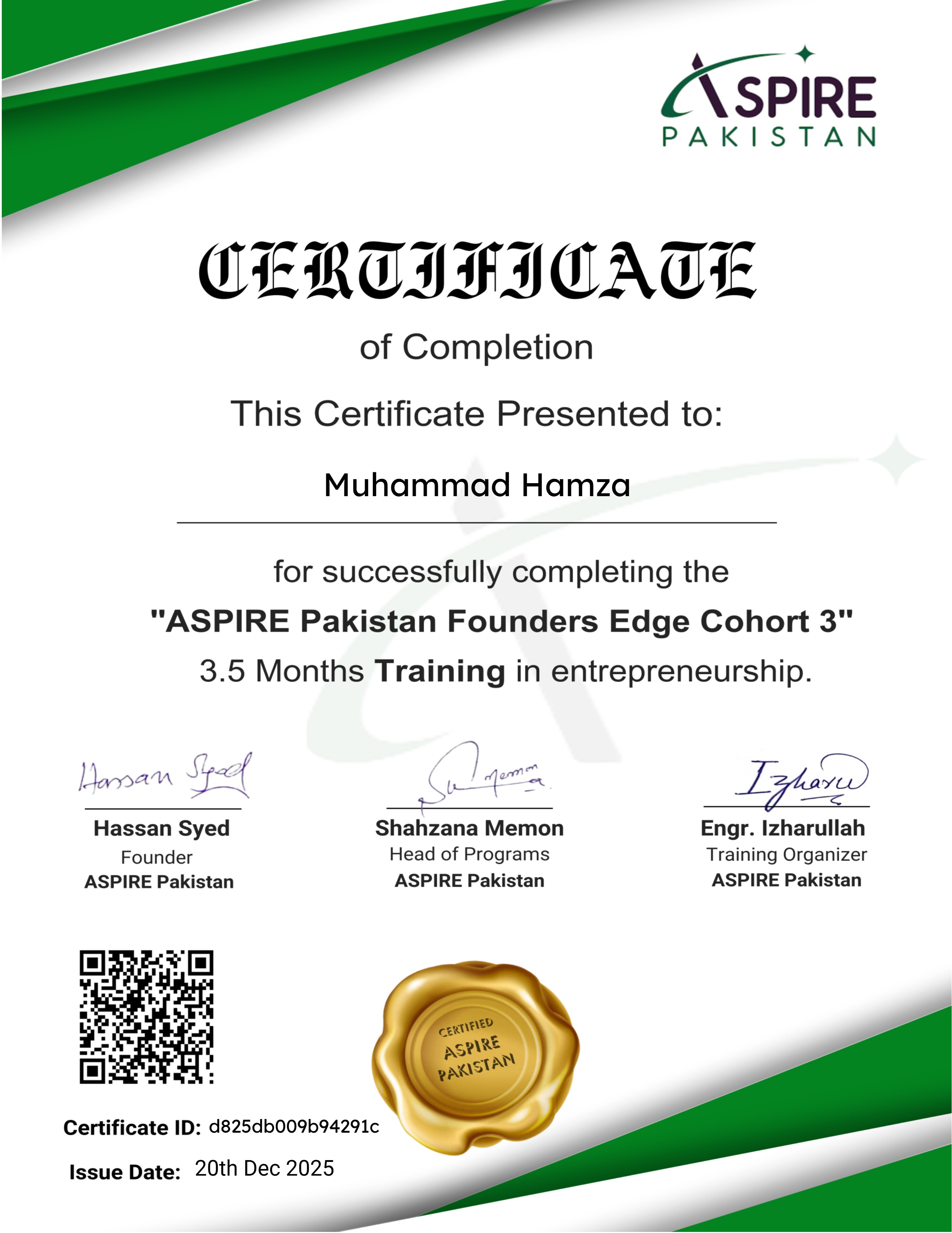 Founders Edge Program Cohort 3 Completion Certificate