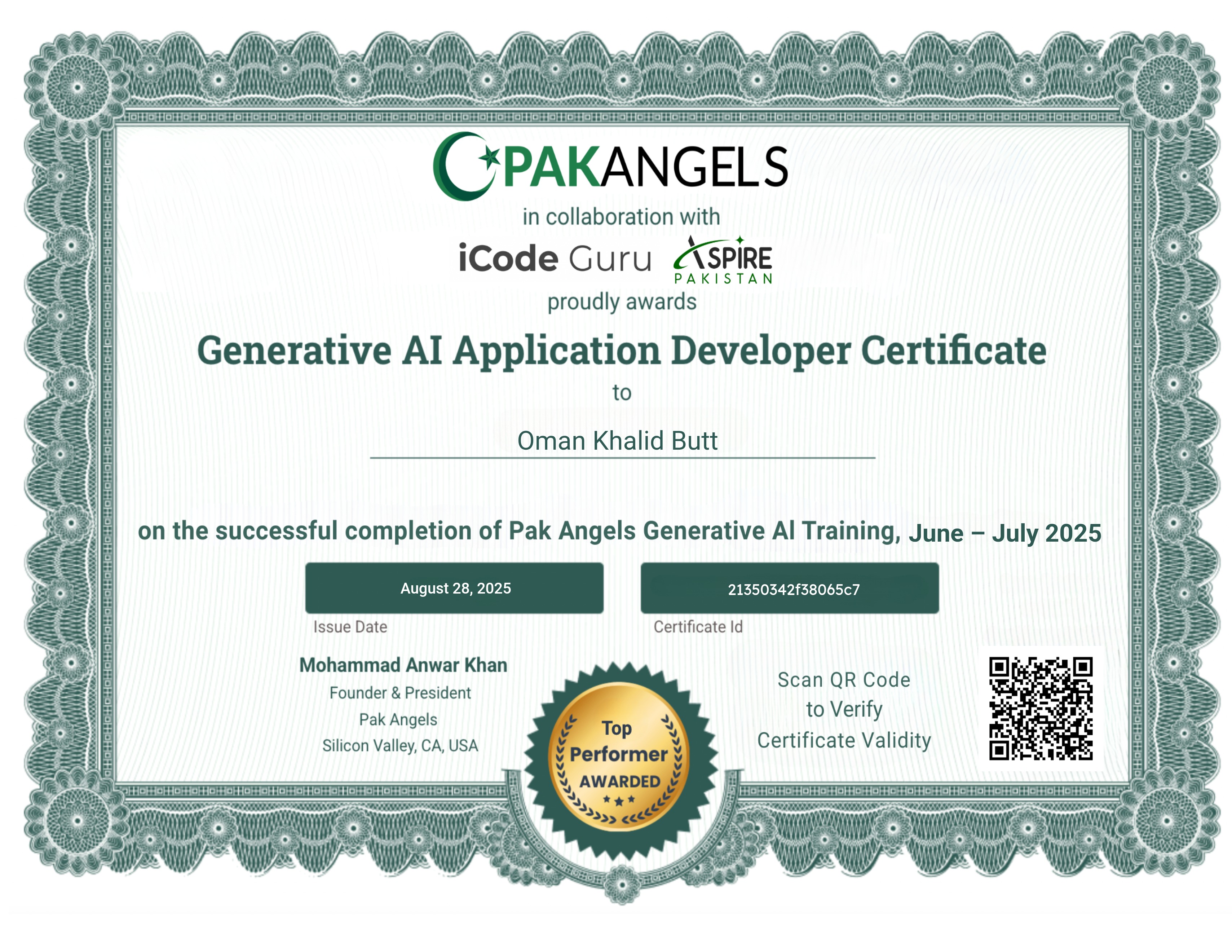 Pak Angels’ Generative AI Training Course - Top Performer Certificate