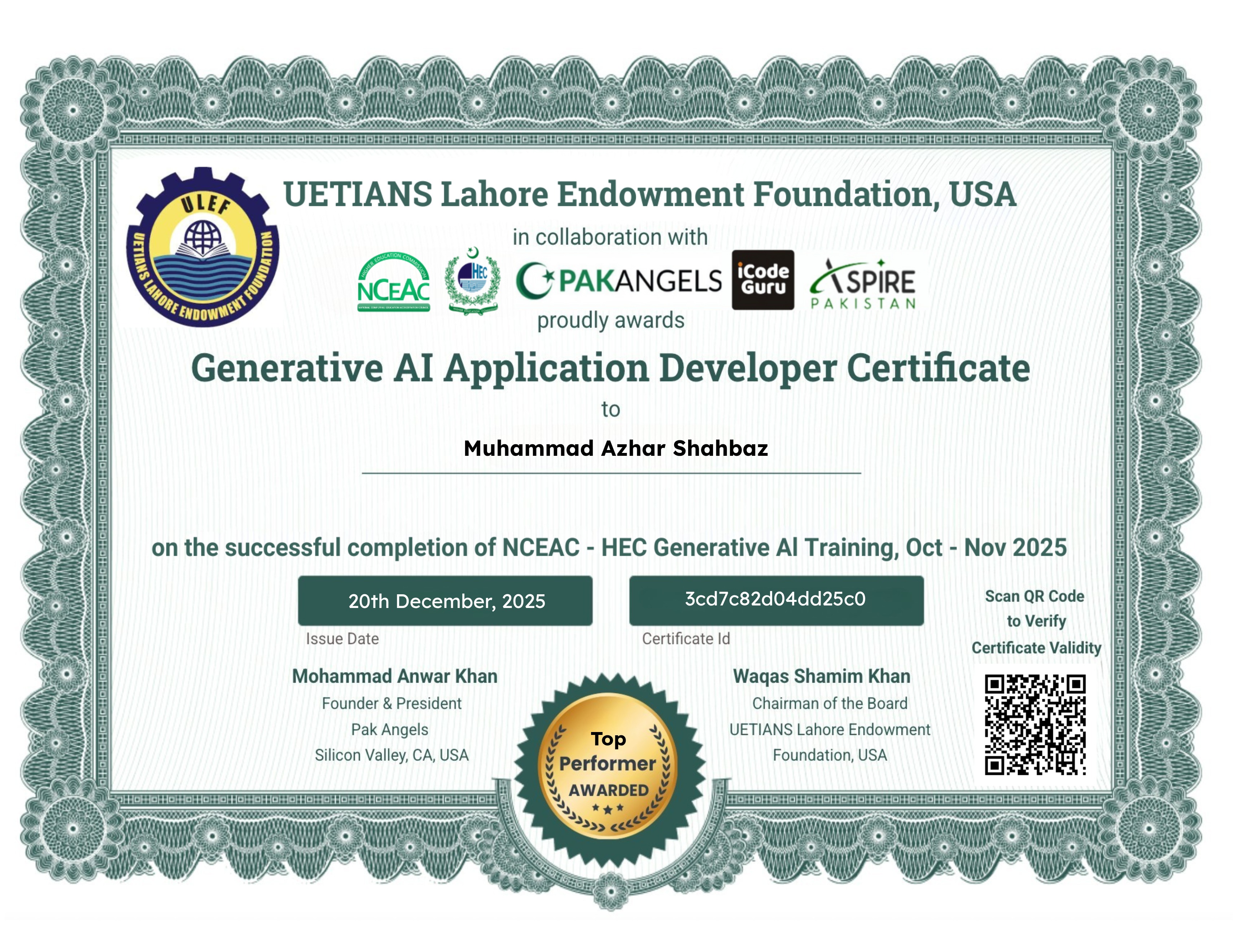 Pak Angels- HEC Generative AI Training Course - Top Performer Certificate