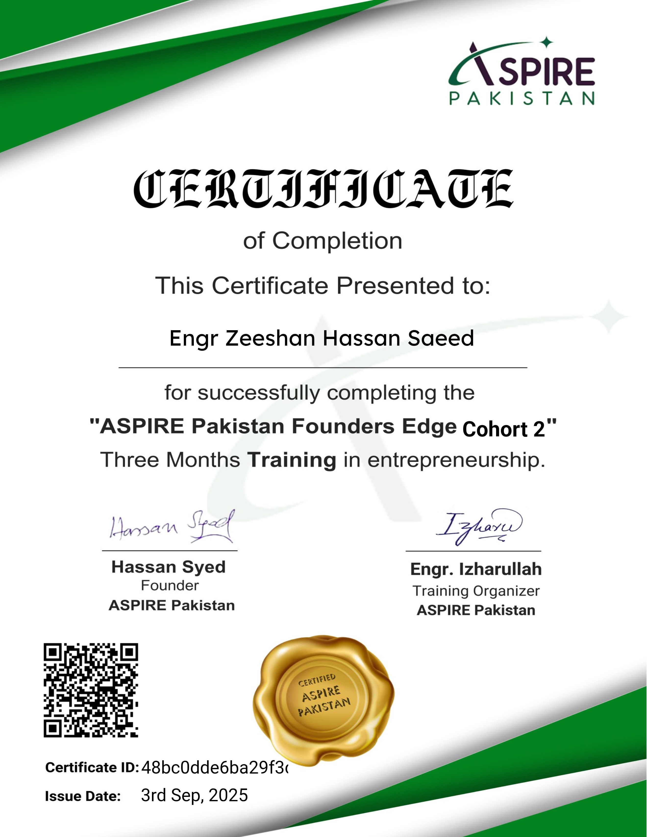 Founders Edge Program Cohort 2 Completion Certificate