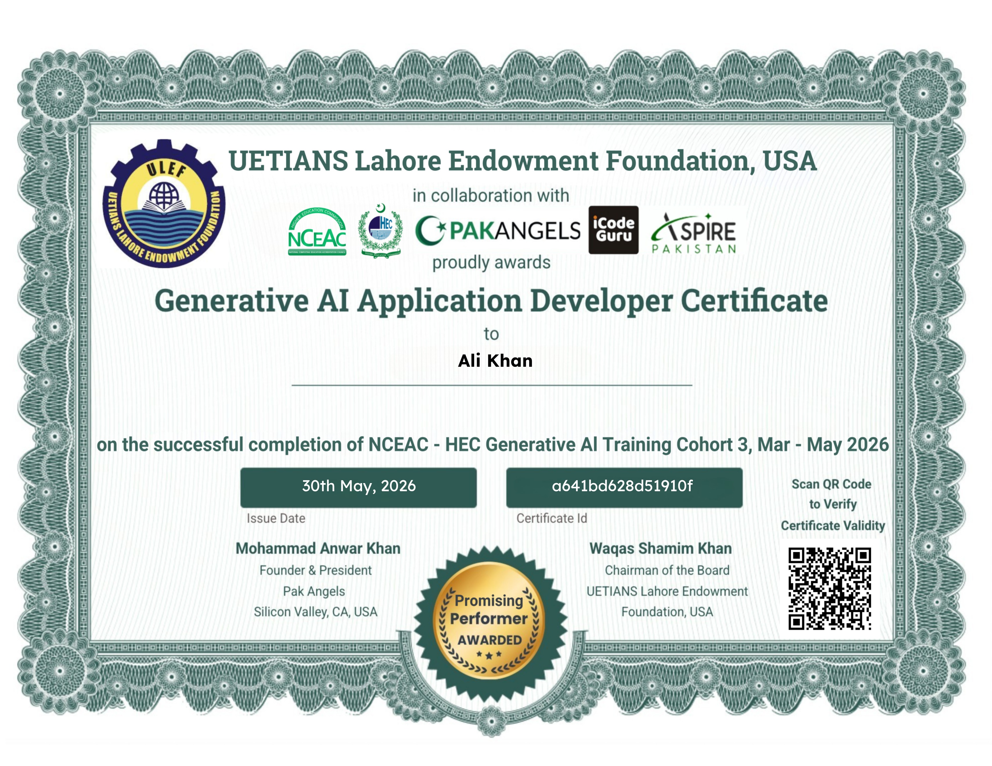 Pak Angels HEC Generative AI Training Course Cohort 3 - Promising Performer Certificate