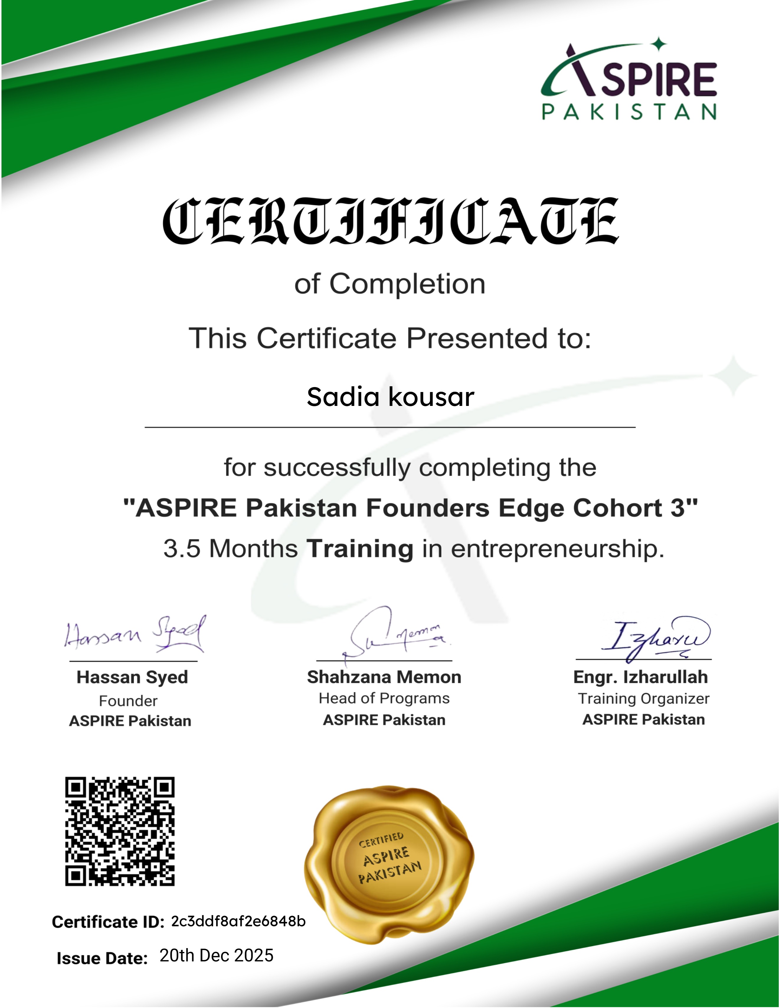 Founders Edge Program Cohort 3 Completion Certificate